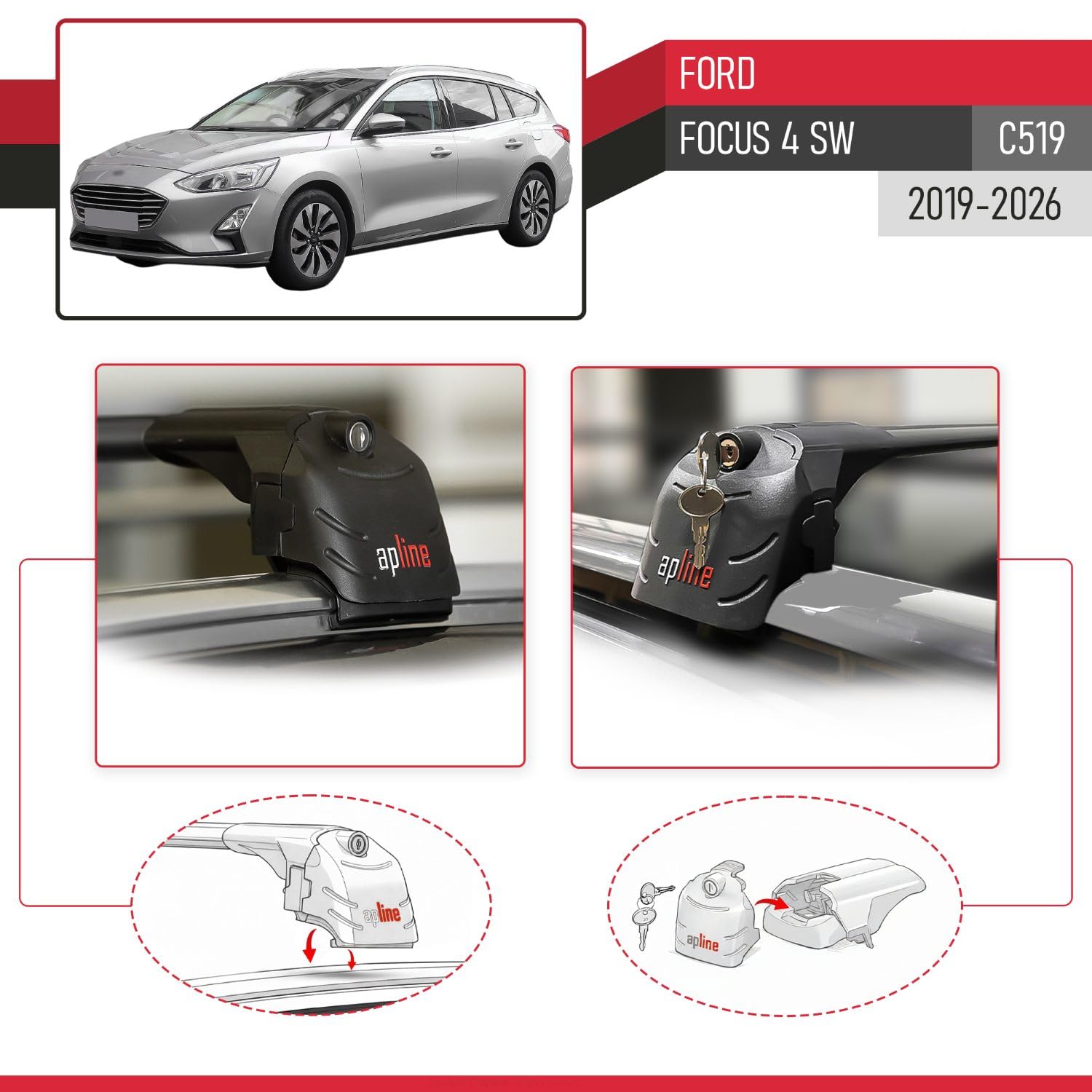 Compatibile con Ford Focus 4 (C519) SW 2019-2026 Modello ACE-2 Barre Tetto Portapacchi Auto Barre Portatutto Nero Alluminio 2 Barre