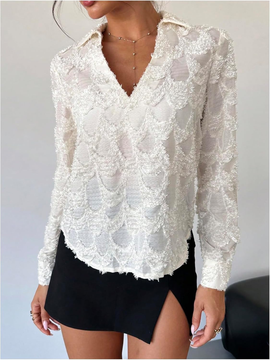 WDIRARA Women's Collared V Neck Long Sleeve Blouse Work Office Tops Shirts - Image 2