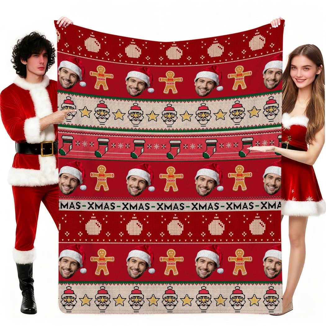 Manta de Navidad personalizada con cara, franela de felpa acogedora personalizada, regalo suave y cálido para novio, novia, mamá, papá, familia, niños
