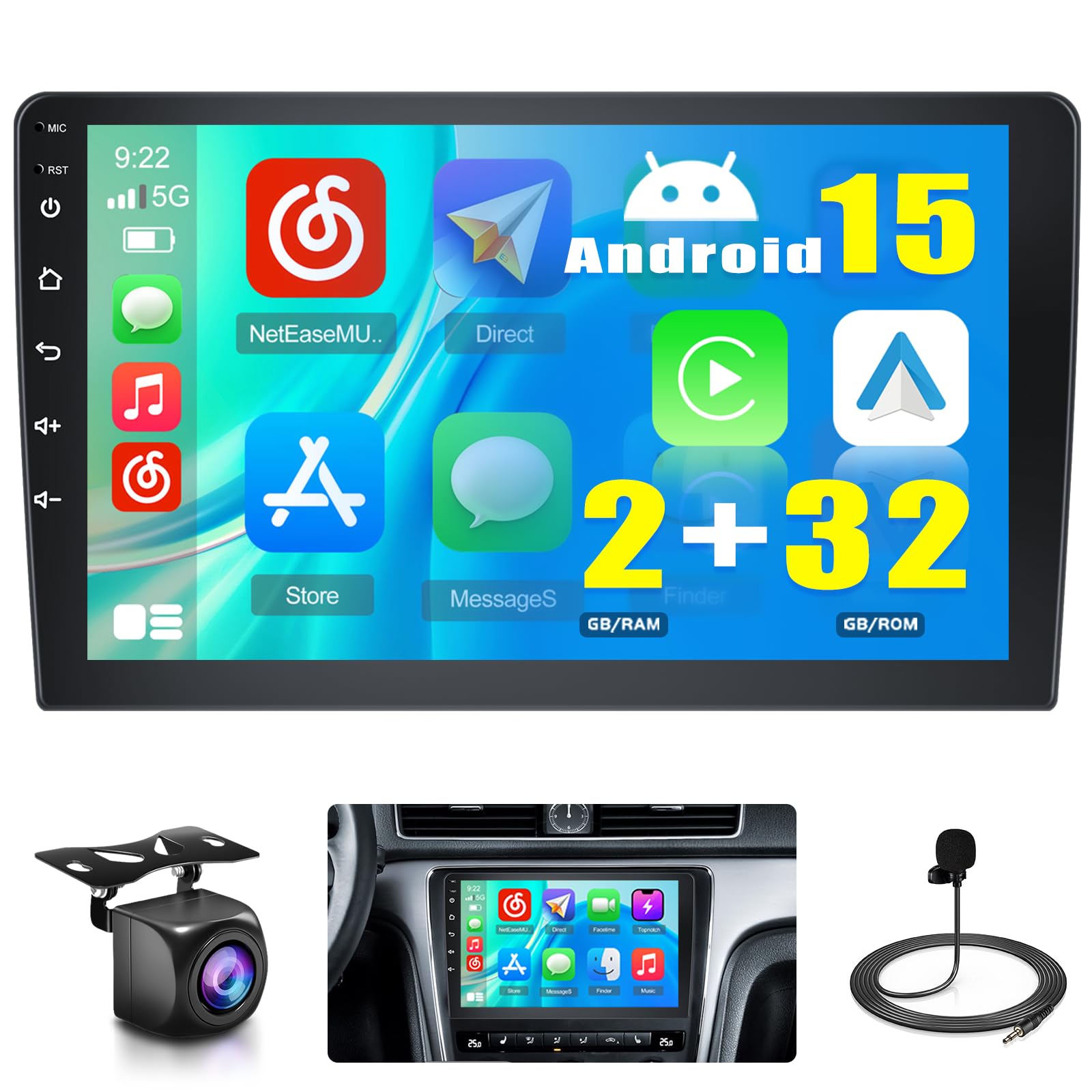 Android Car Stereo Double Din, 10.1 Inch Touchscreen Wireless Carplay Android Auto Indash Radio with GPS Bluetooth FM WiFi Mirror Link SWC + Backup Camera/Microphone
