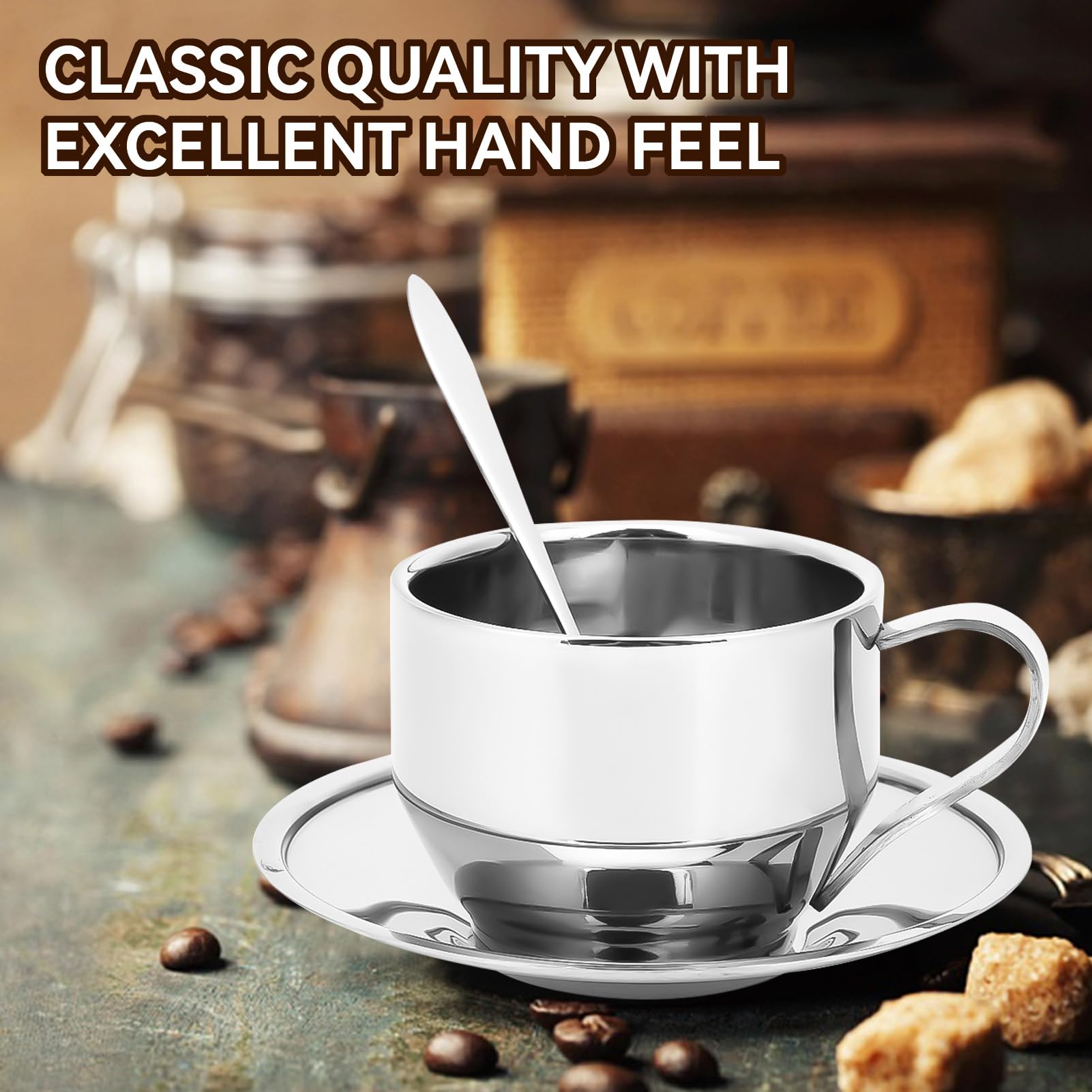 Agatige Set Di Tazza Da Caffè Tazza Da Caffè a Doppia Tazza in Acciaio Inoxparete Da 4 Once Con Piattino E Cucchiaio,Da Caffè Espresso per Tè E Caffè Cappuccino