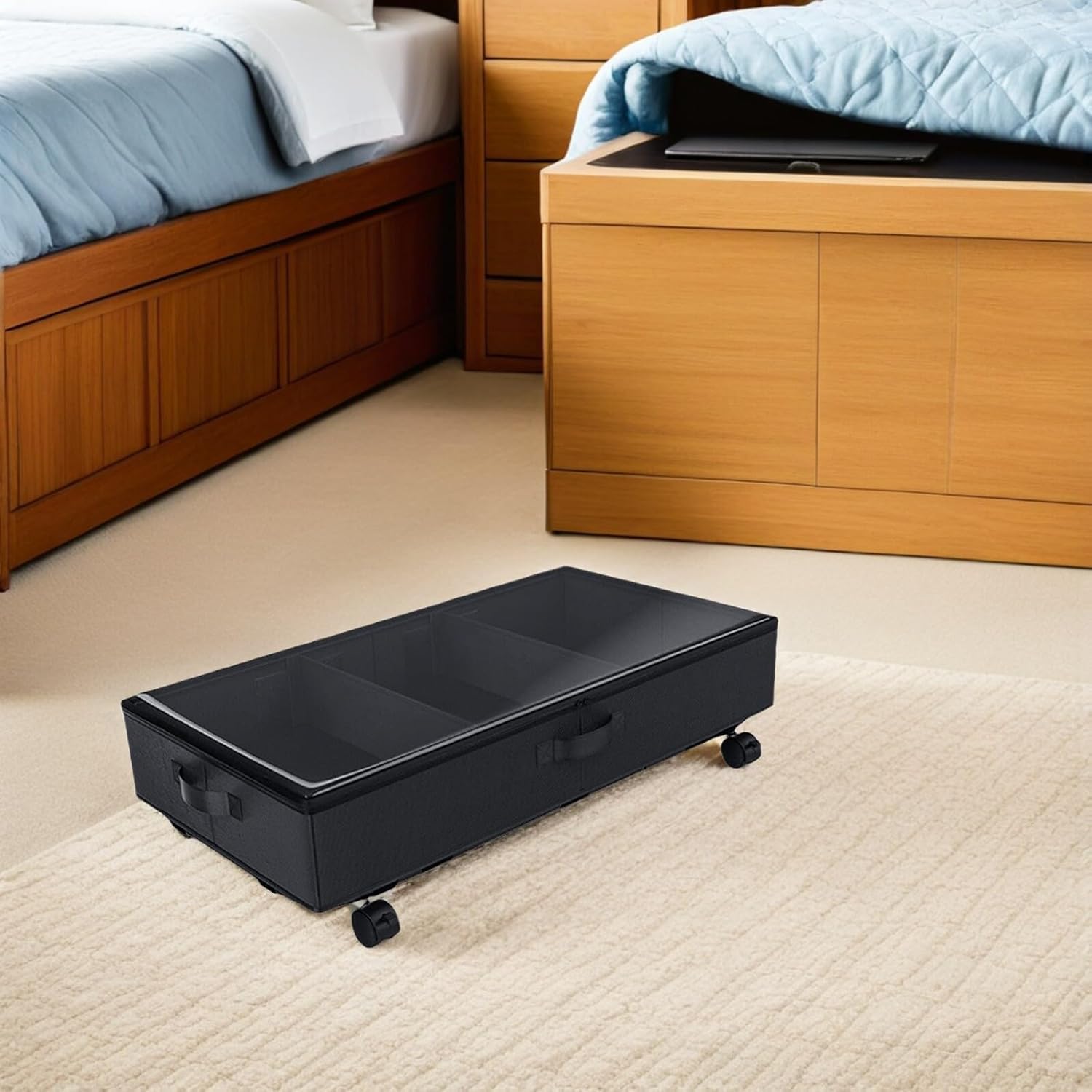 Operitacx Bed Storage Bin with Wheels Oxford Cloth 3-grid Large Capacity Zippered Clothes Organizer for Quilts Blankets Bedroom Storage Box Black