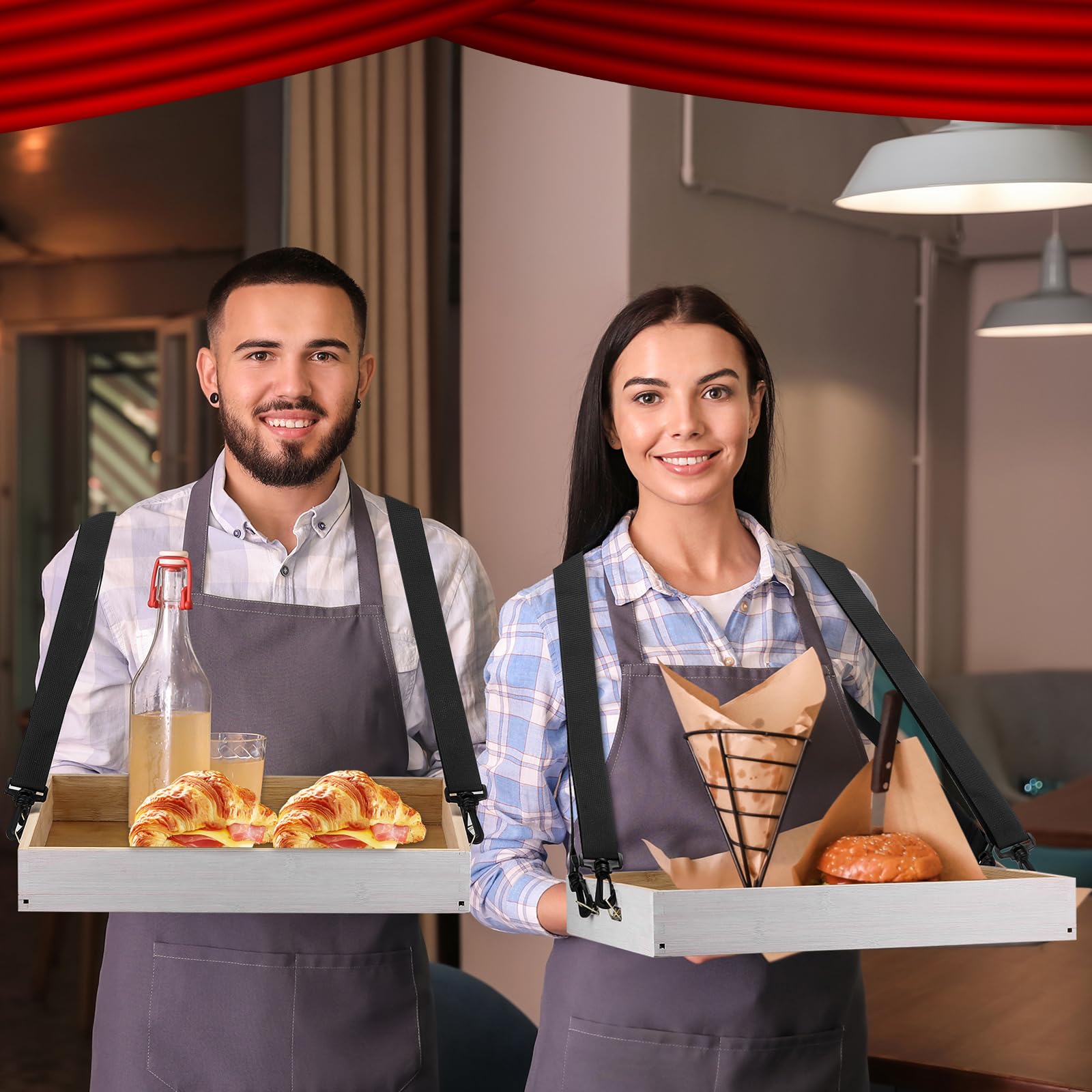 Marsui 2 vassoi in legno per snack con cinghia, 38 x 28 x 5 cm, vassoi per snack e bevande, per feste a tema anni '20, accessori per carnevale, oggetti di scena per adulti (bianco)