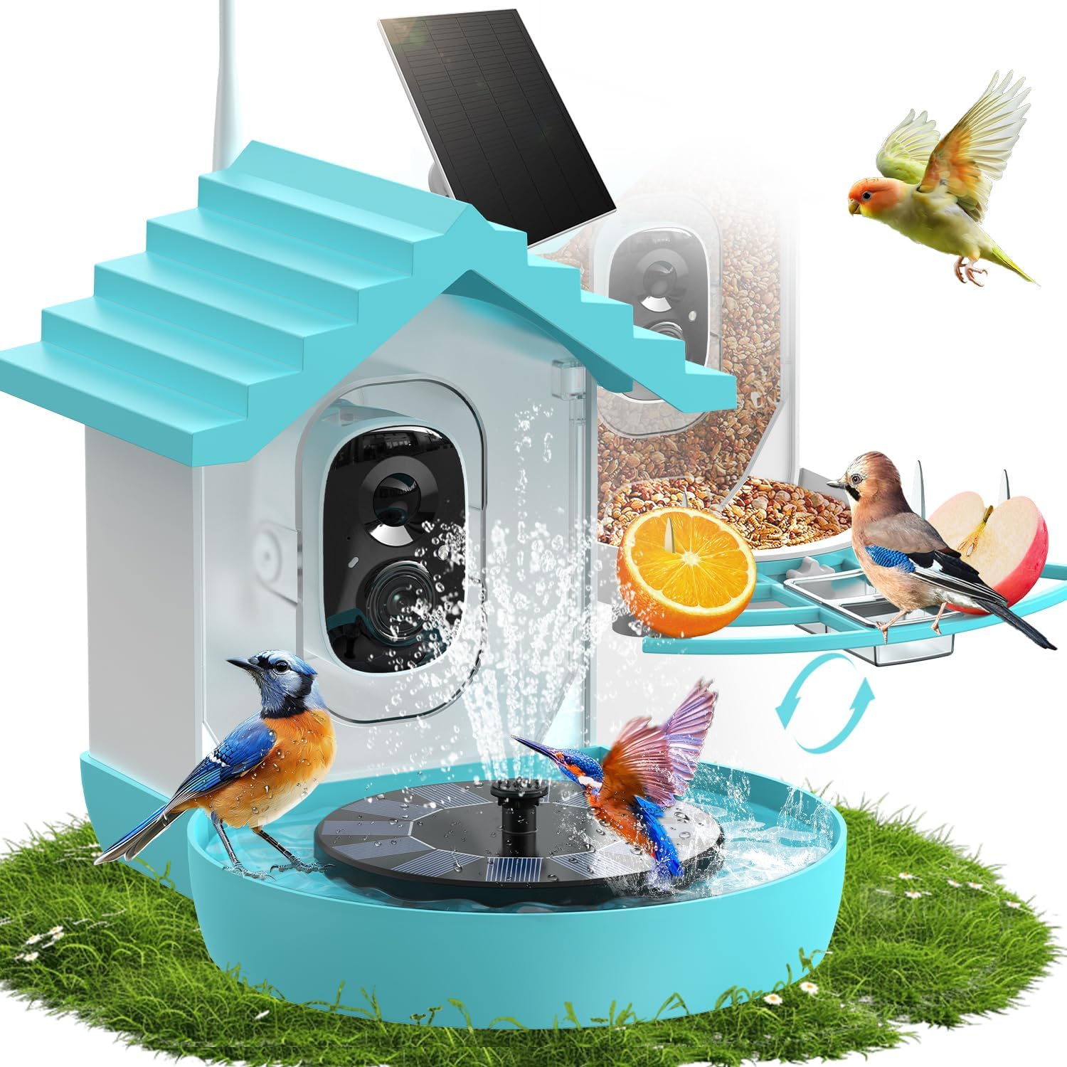 Solar Bird Feeder with Birds Watching Camera and Fountain Shower Drinking Suction Version AI Bird Identification 6500+ Birds Species Phone App Live View