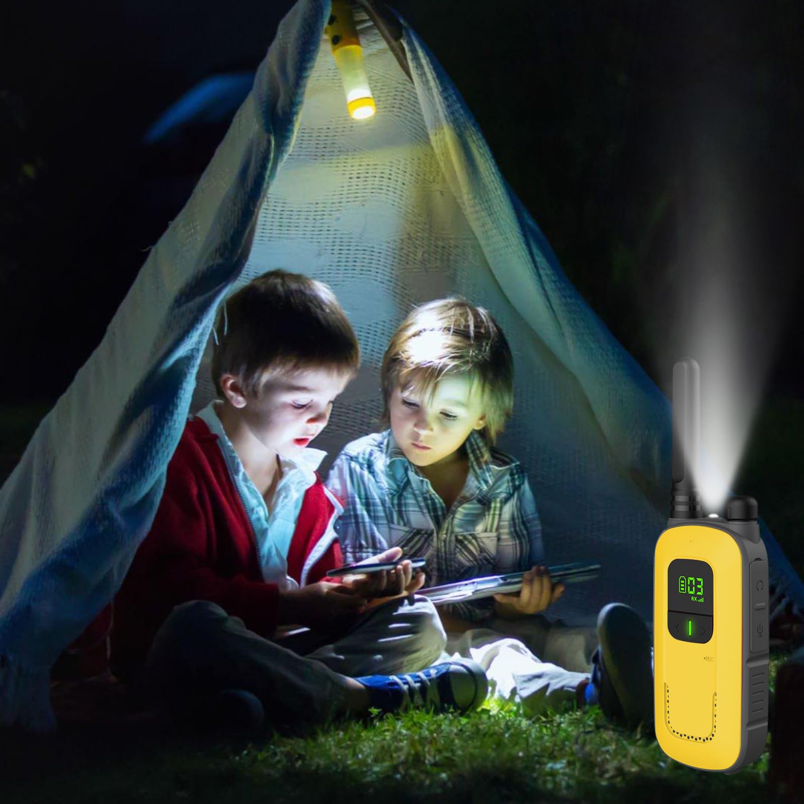 Radioddity PR-T3 Walkie Talkie Bambini Ricaricabile Walkie-Talkie a Lungo Raggio per 3-12 Anni Con 16 Canali PMR Senza Licenza, Ricarica USB, Cuffia per Campeggio e Escursionismo (Arancione/Giallo)
