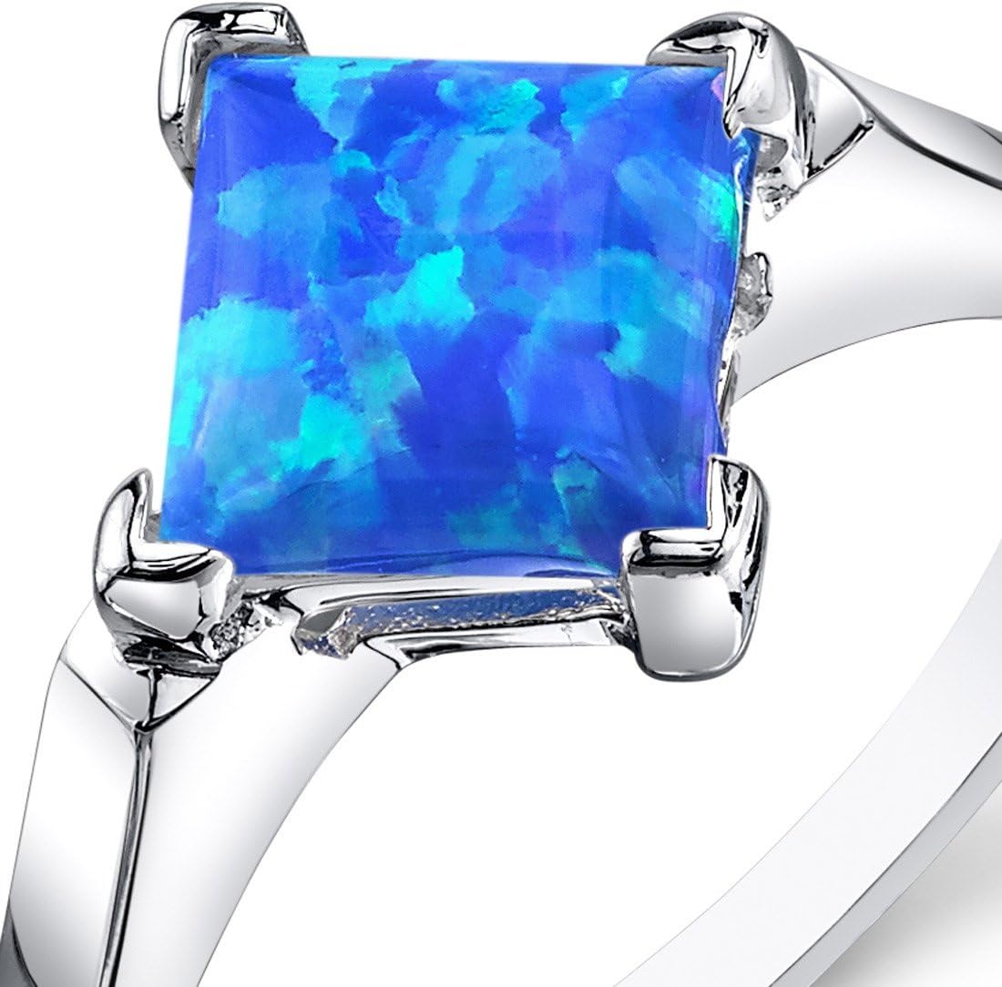 PEORA Created Blue Fire Opal Classic Solitaire Ring for Women 925 Sterling Silver, 1.50 Carats Princess Cut 7mm, Sizes 5 to 9
