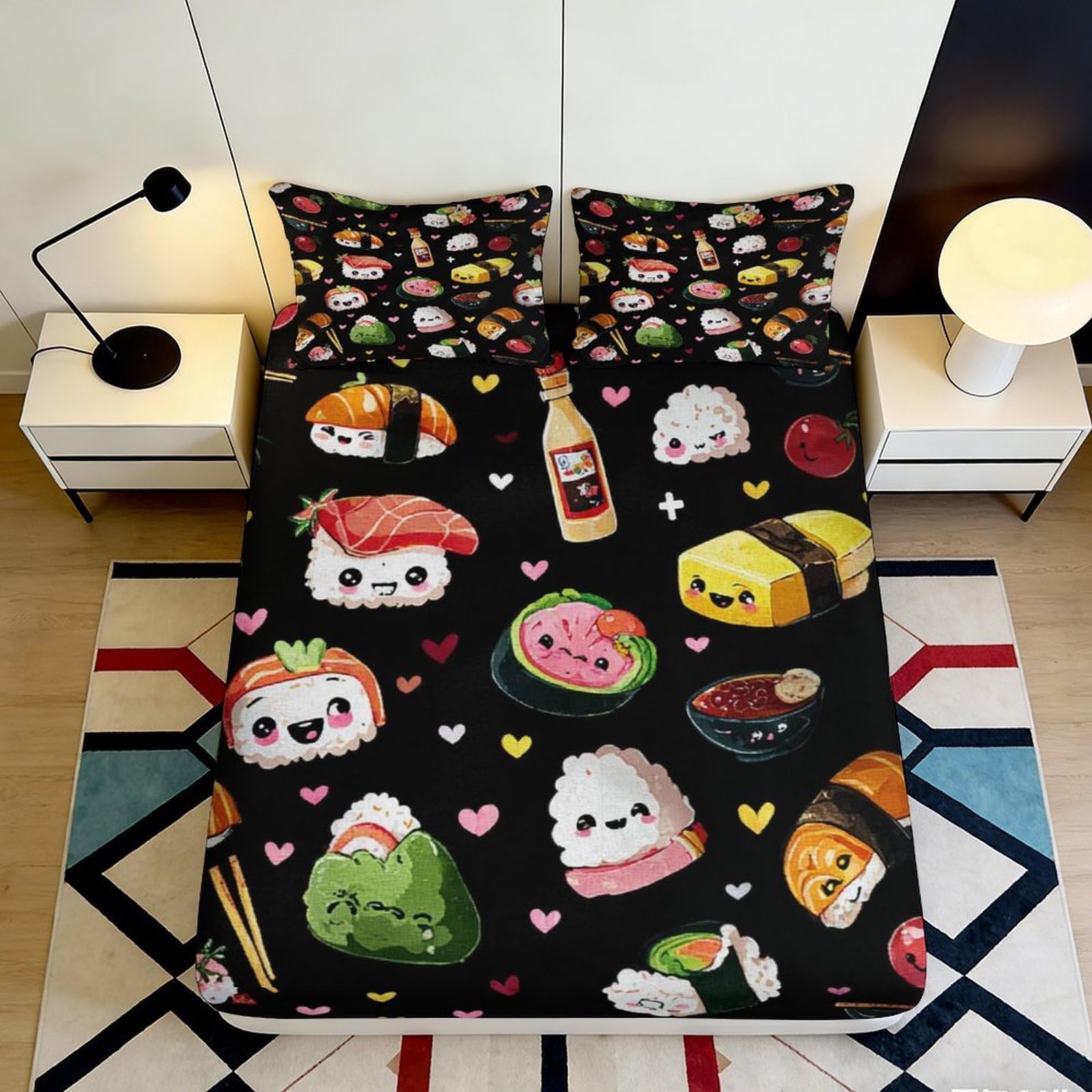 3D Printed Cartoon Sushi Fitted Sheet Microfiber Deep Pocket Non-Slip Bedding Cartoon Sushi Mattress Fitted Cover for Home 200x200x25cm