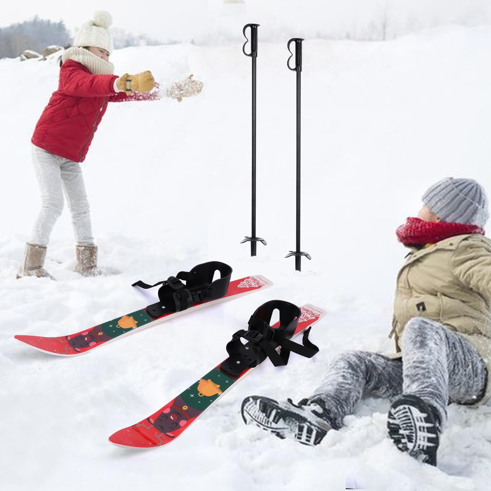 Skis et bâtons pour enfants avec fixations pour débutants de 2 à 4 ans, planches de ski à faible résistance avec motif sur le thème de Noël, léger, robuste et sûr pour enfants