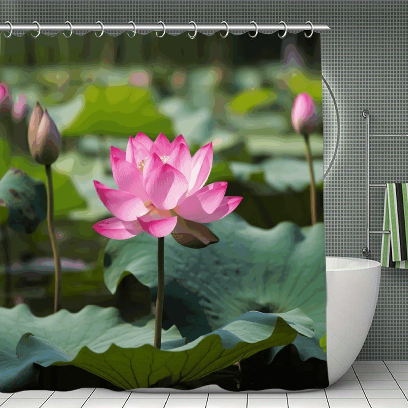 VstaDank Pink Lotu Flowers Shower Curtain Waterproof Bathroom Curtain with Hooks Luxury Weighted Bath Curtains for Bathtubs Showers Room Dividers Decorative Shower Curtains 71x71 in