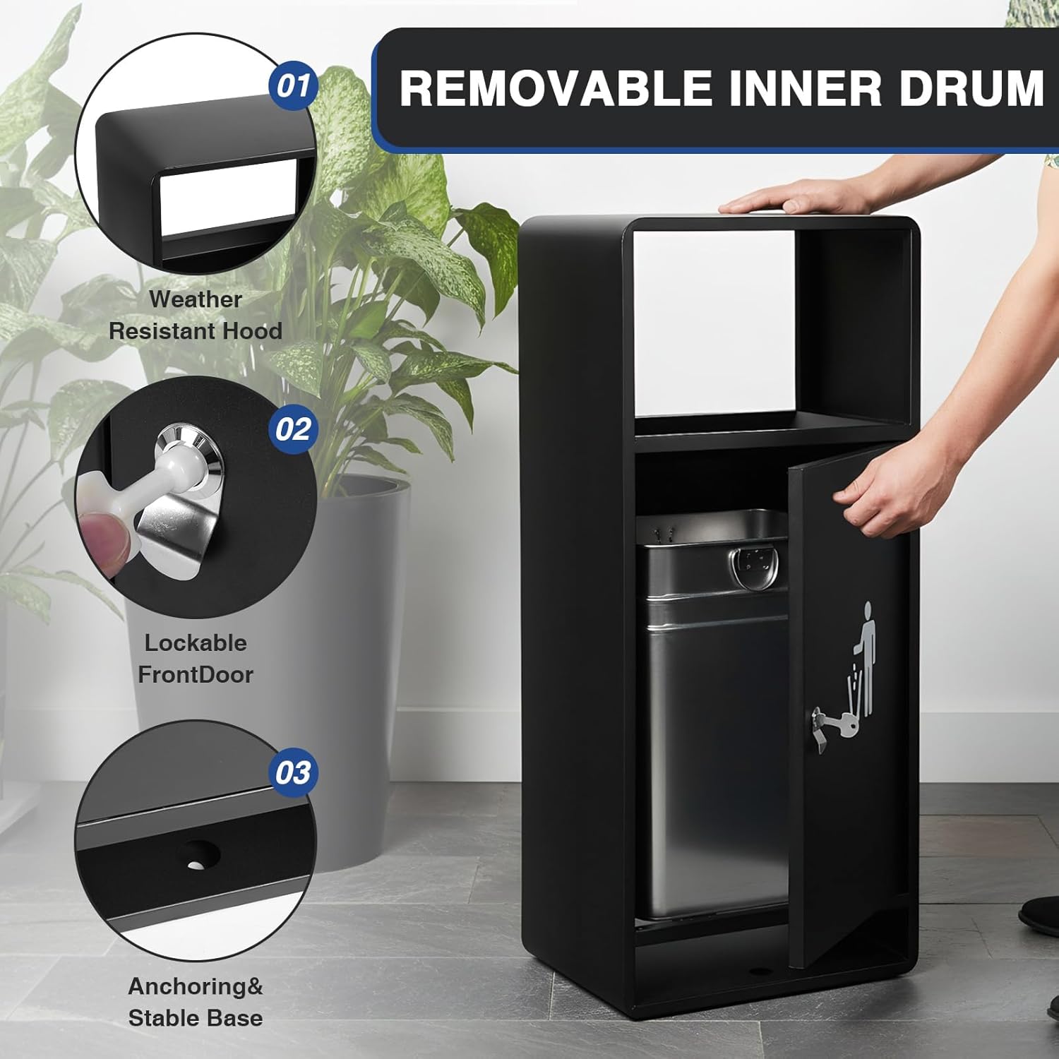 11 Gallon Commercial Outdoor Metal Trash Can with Lockable Lid & Removable Inner Bucket Heavy-Duty Garbage Bin for Parks Entrances & Public Spaces