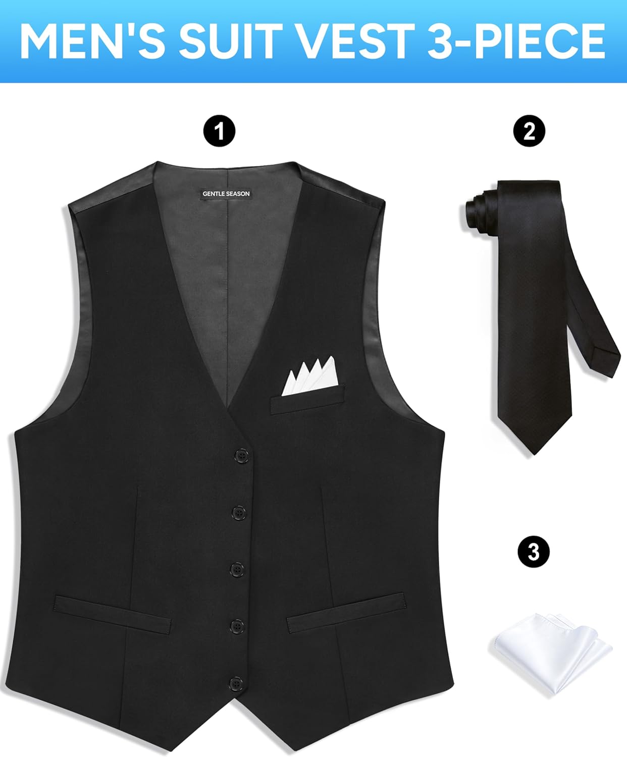 Men's Formal Suit Vest with Tie Pocket Square Slim Fit 3 Pockets Waistcoat Vest Set for Men