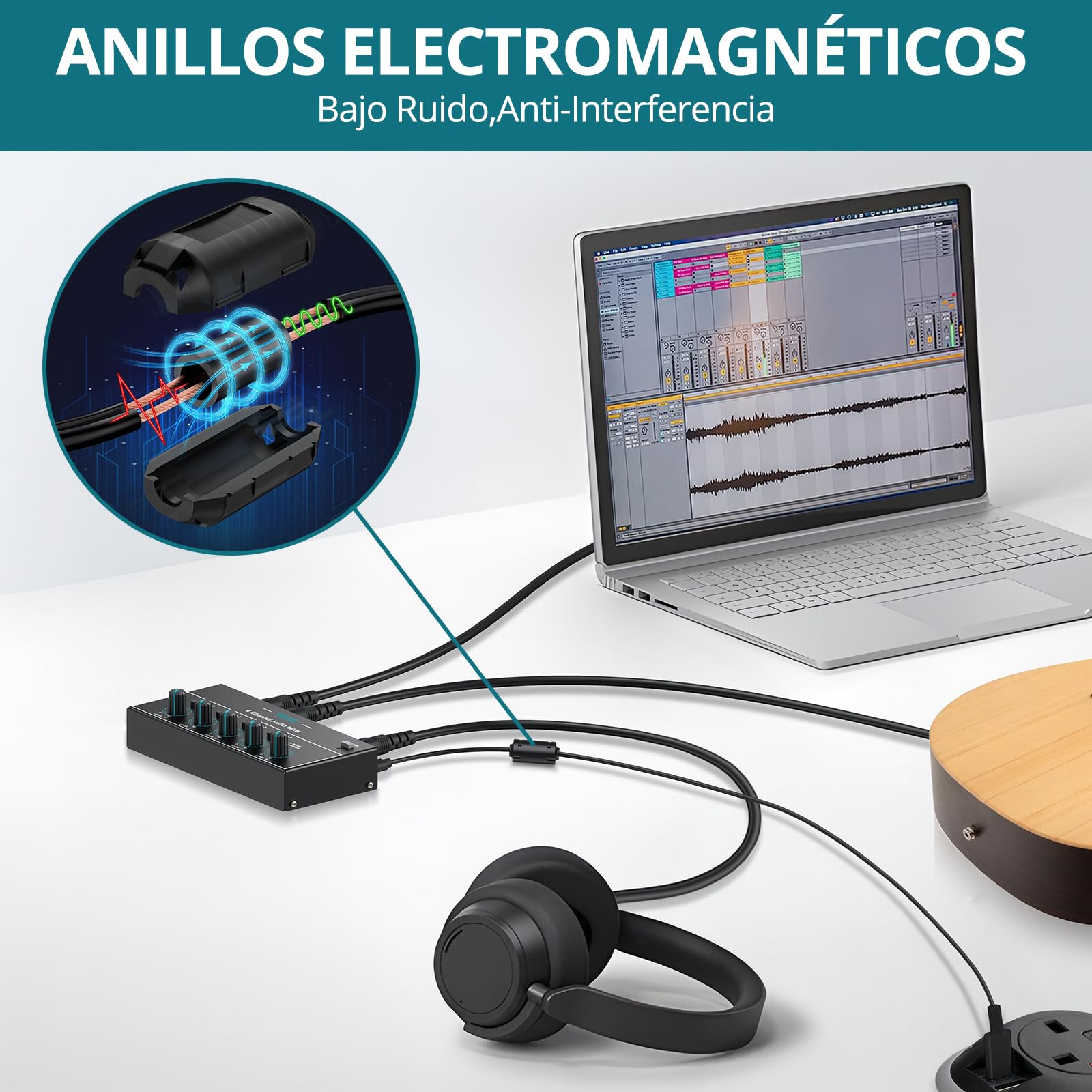 Mini Mezclador de Audio, Mezclador de Línea Estéreo de 4 Canales de 6.35mm+3.5mm TSR Salida de Audio Jack de Entrada para Guitarras, Bajo, Teclados, Micrófono Dinámico