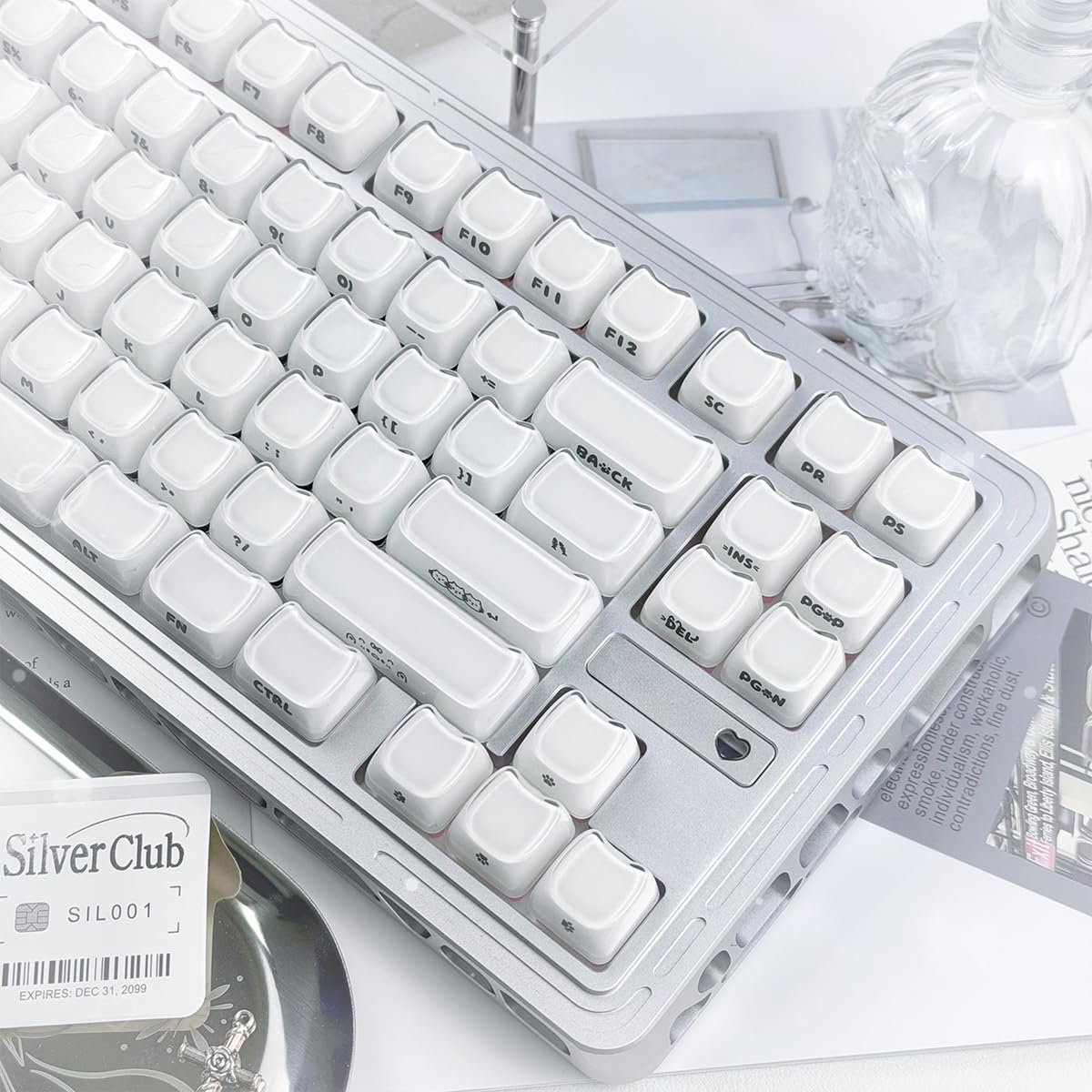 Hyekic Crystal Jelly Cat Shape Keycaps, 119 touches translucides blanches mignonnes imprimées sur le côté Mao Profile Custom Keycap pour 61/68/84/87/98/100 Cherry Gateron MX Swithes Clavier mécanique