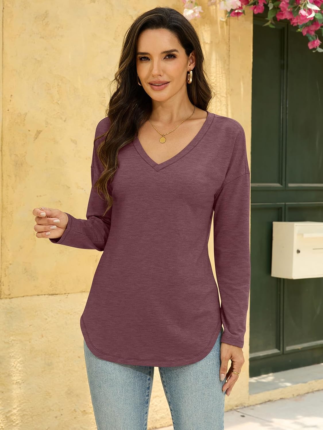 Womens Deep V Neck Tunic Tops Fall Long Sleeve Shirts Casual Loose Fit Curved Hem Clothes 2026 - Image 2