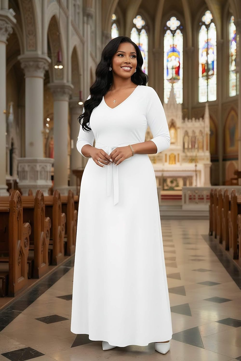 FANDEE Maxi Dress for Women, Long Casual Empire Waist Dresses 3/4 Sleeve V-Neck with Pockets - Image 4