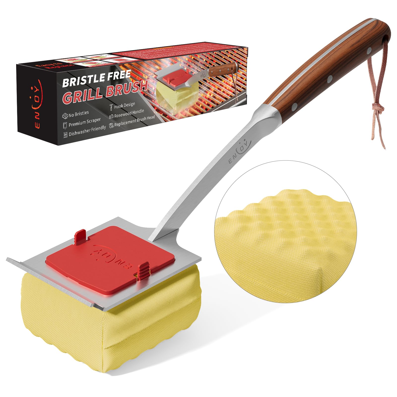 ENLOY Grillbürste ohne Borsten, 43,2 cm Grillbürste für Outdoor-Grill, Dampfreinigungsbürste mit verlängertem Palisandergriff und Ersatzbürstenkopf, sichere Grillbürste für die meisten Grills