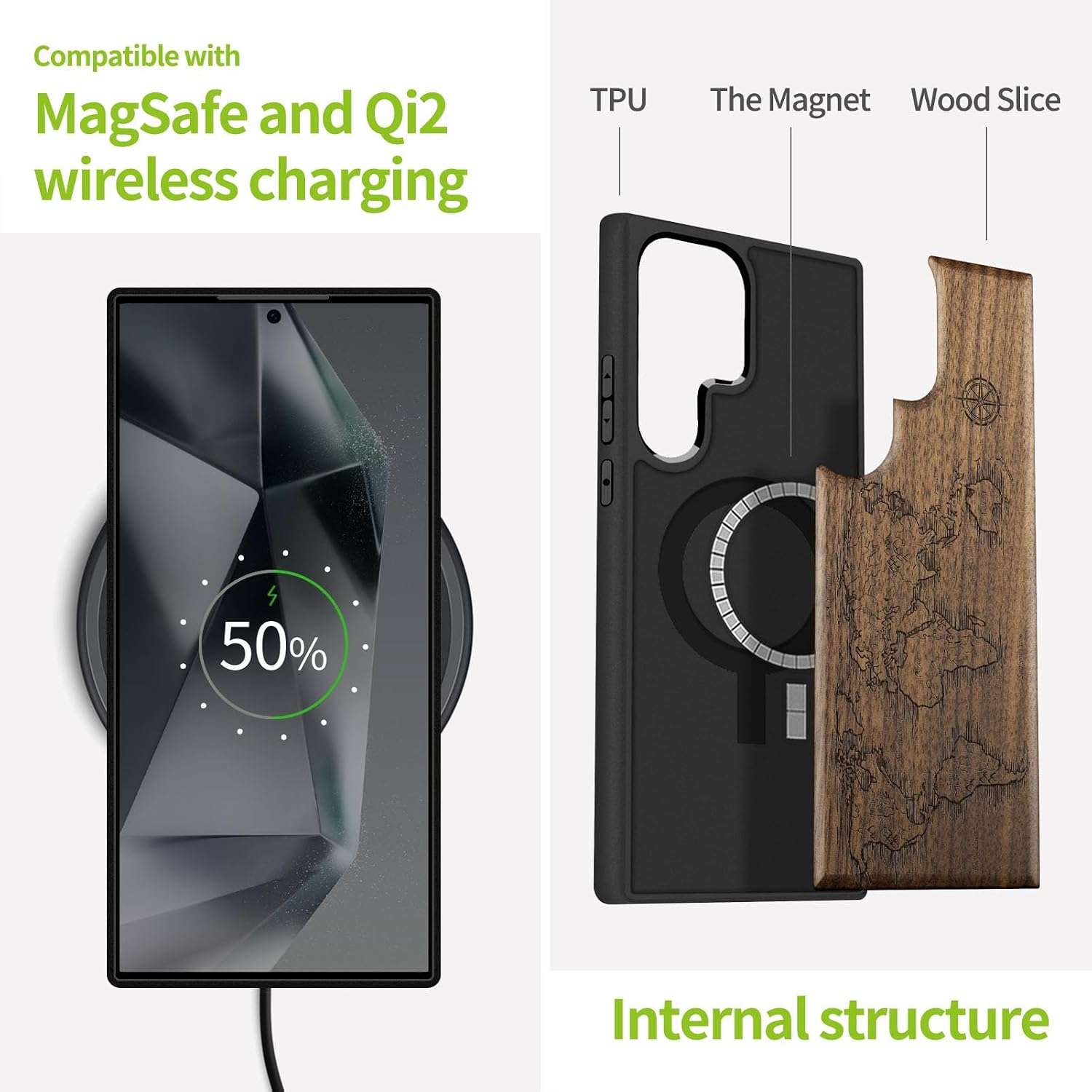 Carveit Magnetic Wooden Case for Samsung Galaxy S25 Ultra Case 2025, TPU Shockproof Cover & Wood Artisan Engraved, Compatible with MagSafe Wireless Chargers (Compass Maps) Walnut