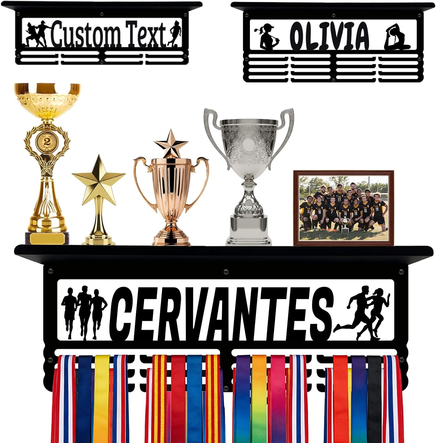 ORYG Personalized Medal Hanger with Trophy Shelf, Custom Medal Holder with Boy Girl Name for Showcasing Race Awards, Ribbons and Trophies for Gymnastics, Track and Field, Soccer, Golf and More
