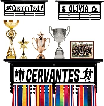 ORYG Personalized Medal Hanger with Trophy Shelf, Custom Medal Holder with Boy Girl Name for Showcasing Race Awards, Ribbons and Trophies for Gymnastics, Track and Field, Soccer, Golf and More