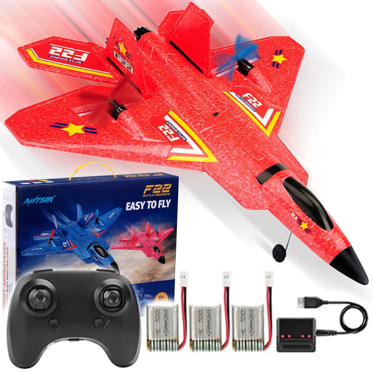 Remote Control Plane F-22 Raptor, 2.4GHz Rc Airplane with Smart Gyro/LED Lights/3 Rechargeable Batteries, Foam RC Jet Glider Gift for Kids Boys Girls 8-12 Year Old (Red)