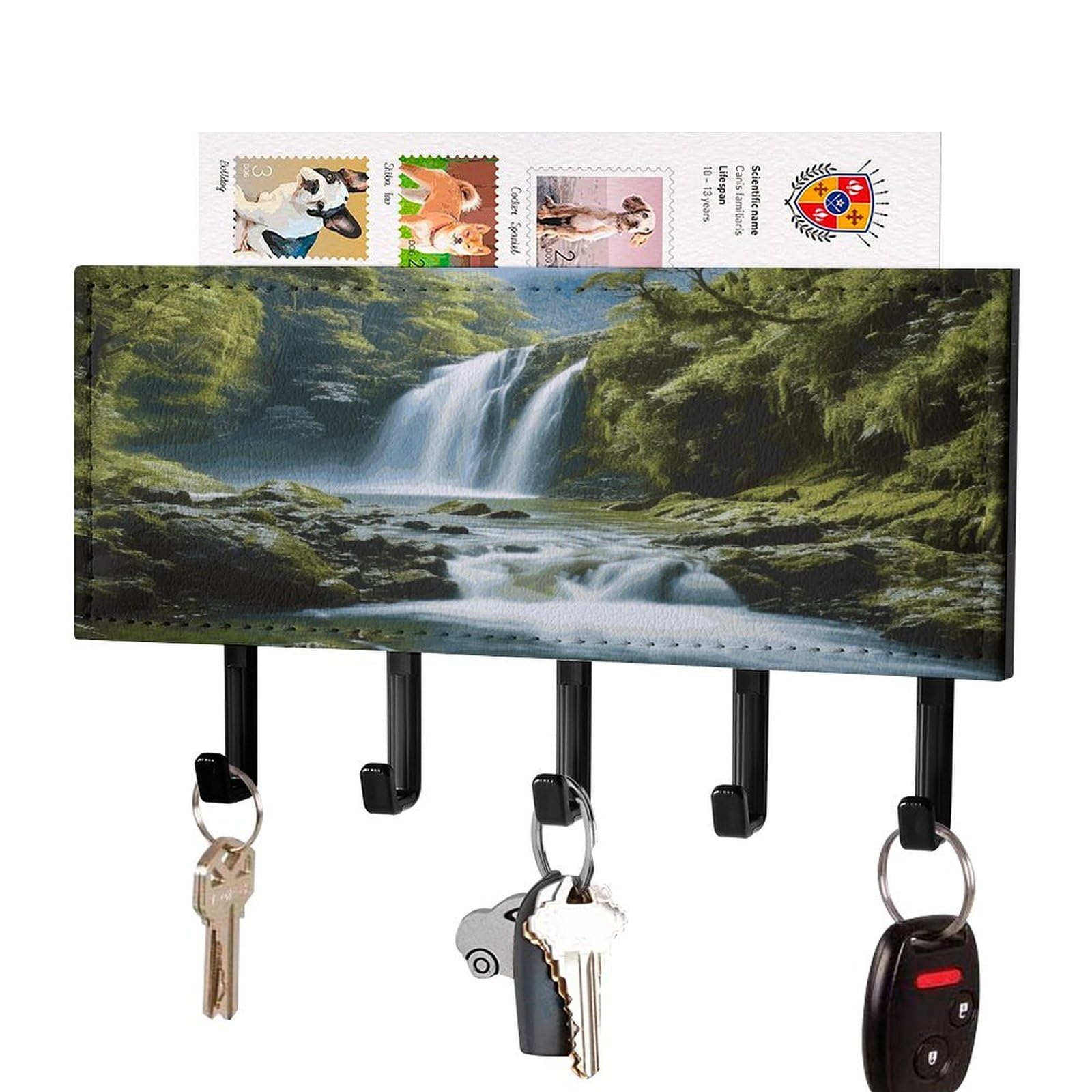 LDGSUPH Waterfall Landscape Painting Key Holder Wall Mount Key Hanger with 5 Hooks Fashion Key Organizer Rack Hanging Key Hooks with Mail Organizer Key Rack for Home Entryway Hallway Black-Style
