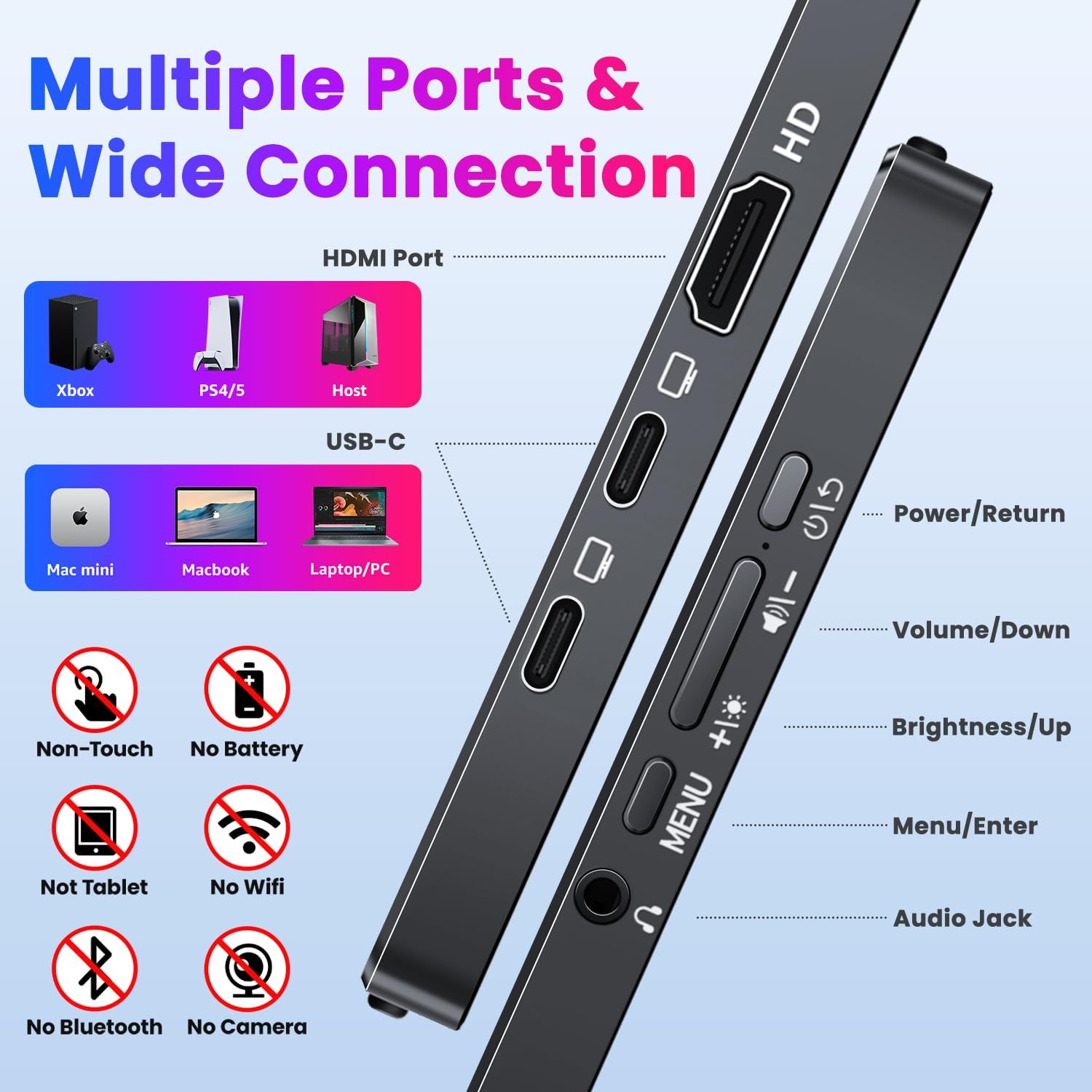 Side view of the portable monitor showing HDMI port, two USB-C ports, and control buttons for power, volume, brightness, menu, and audio jack.