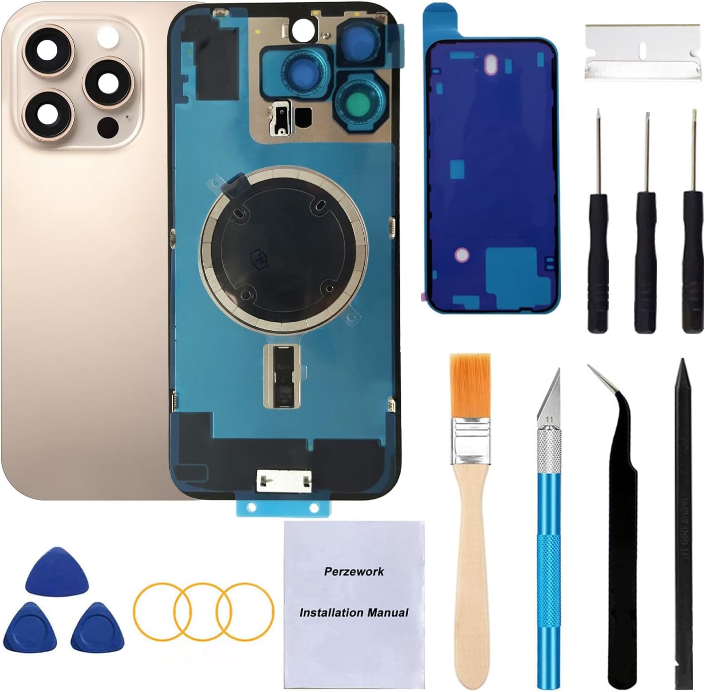 Rear Back Glass Replacement for iPhone 16 Pro 6.3-inches + Pre-Installed Plate and Camera Frame and Lens + Reparing Tool Kit (Desert Titanium) iPhone 16 Pro Desert Titanium