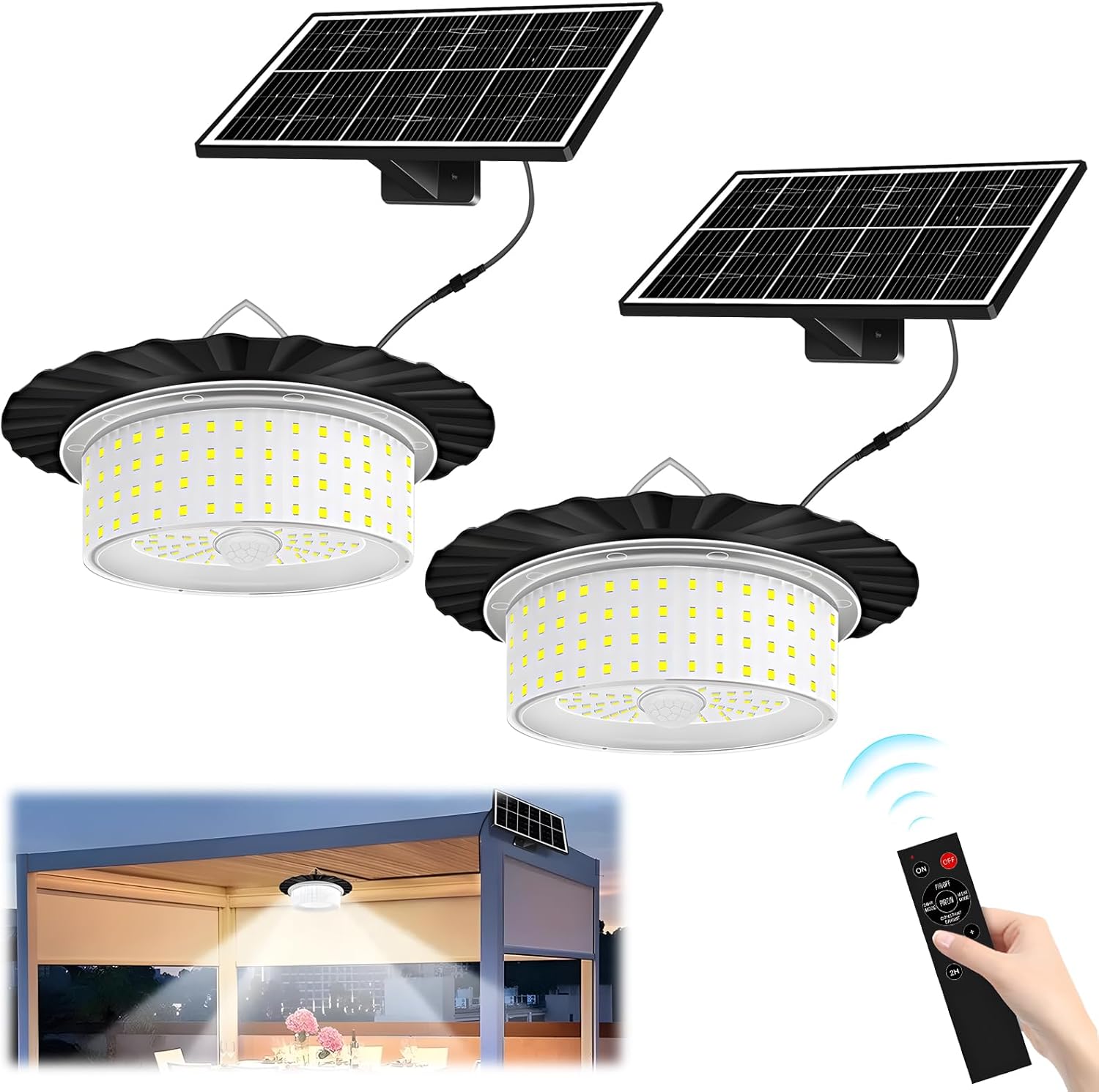 BINGONE 224-LED Solar Pendant Light with Moving Sensor, Solar Powered Motion Sensor Shed Light, Waterproof Floodlight with Remote Control (1 PCS)
