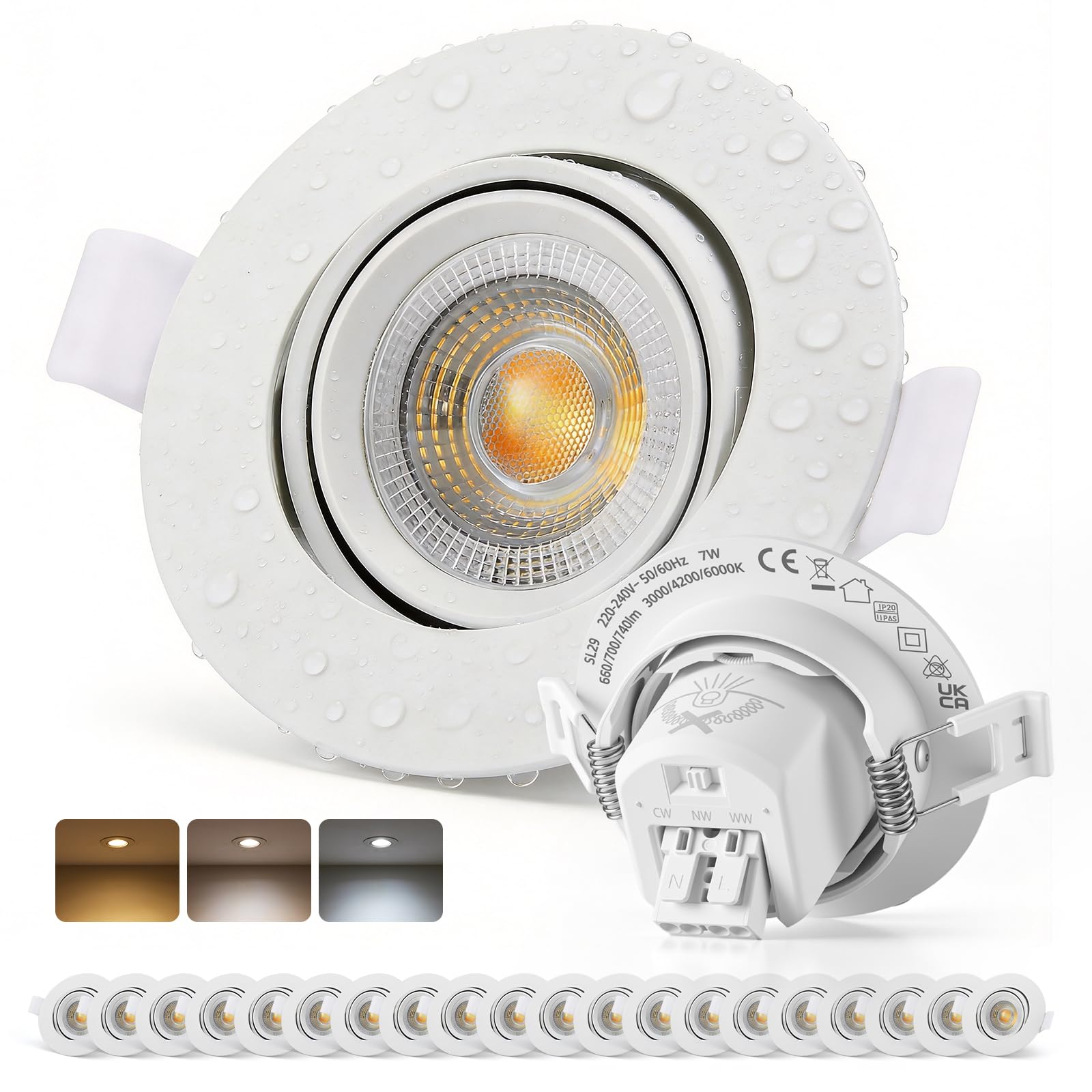 Bojim IP65 Focos LED Interior Techo para Cocina Baño 7W 700 Lumen, 230V Downlight Empotrable Orientable Ojos de Buey 68-80mm Redondo Luz Cálida Luz Neutra Luz Fría Confezione da 20