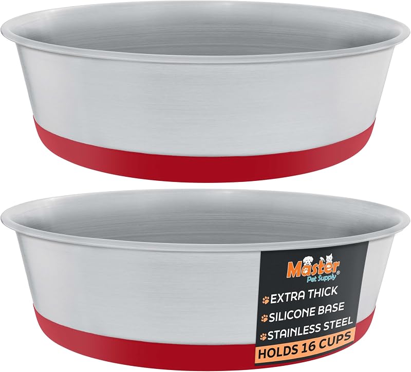 Tigelas para Cães em Aço Inoxidável com Base de Silicone Antiderrapante Master Pet Supply, Crimson Red, Pacote com 2, 16 xícaras