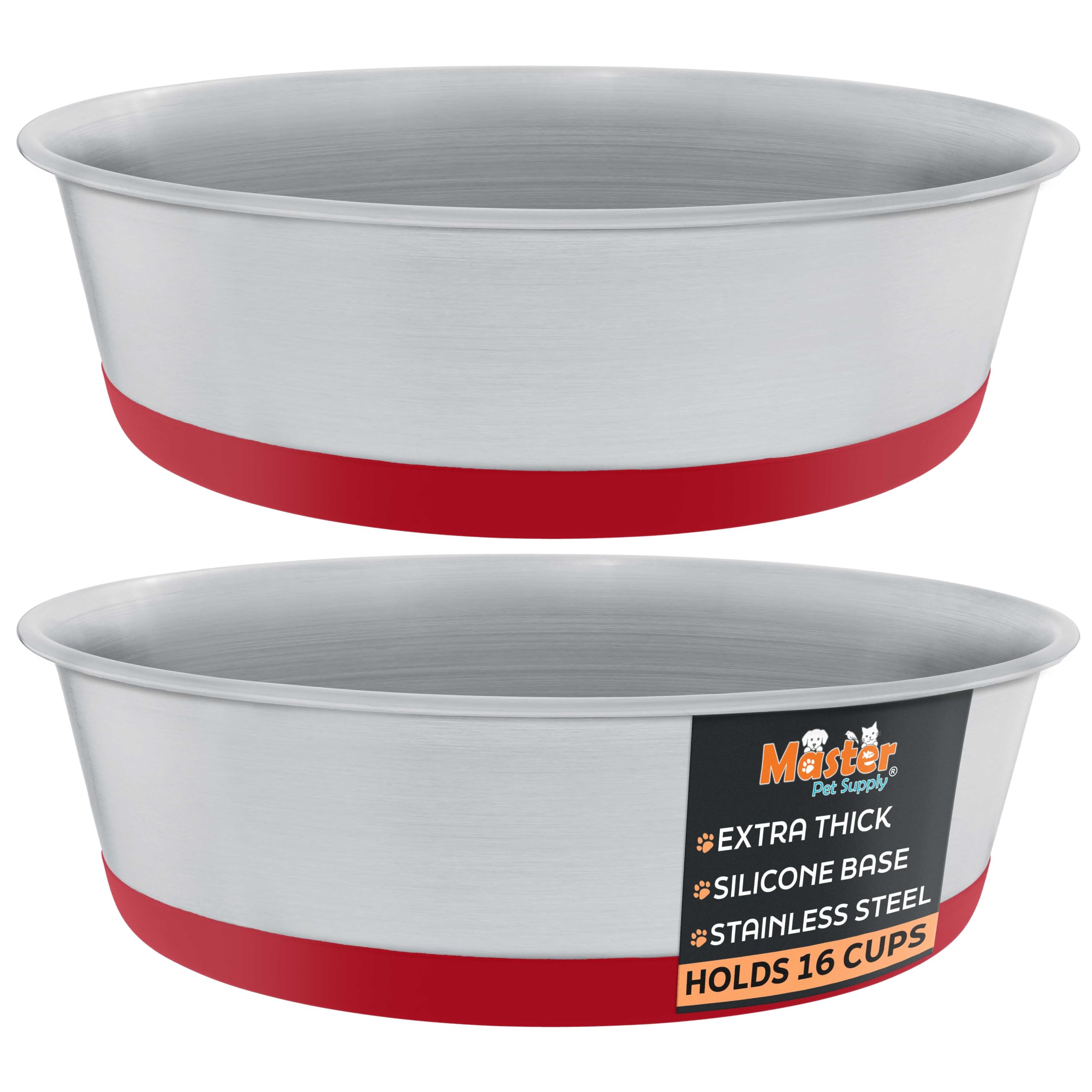 Master Pet Supply Stainless Steel Dog Bowls Set of 2 with Extra Thick Silicone Base - 16 Cup (128 oz) Crimson Red, Non-Slip, Dishwasher Safe Metal Bowls, Pet Dog Food Bowl for Dogs, Cats, Anti Rust