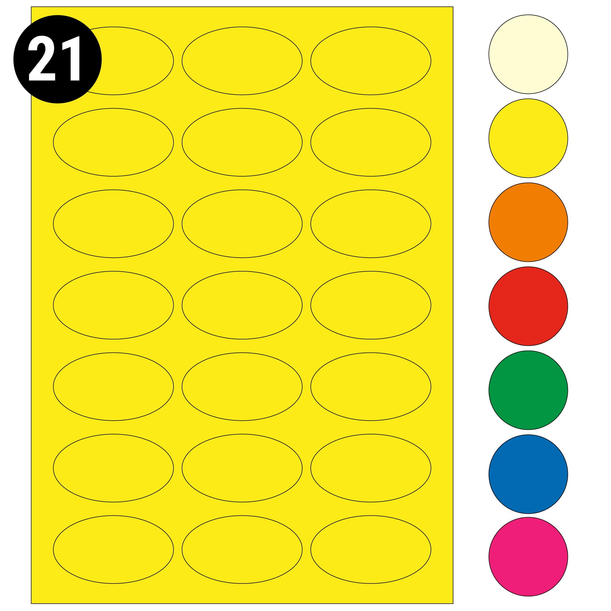 L&B Colour Range - Oval Labels – 3 Sizes & 7 Vibrant Colors – A4 Sheet – Compatible with Laser & Inkjet Printers (Yellow, 21 Labels Per Sheet - 100 Sheets)