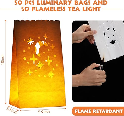 Vista 16 de 50 juegos de bolsas de luminarias con velas que incluyen 50 velas LED sin llama, velas de té LED y 50 bolsas luminarias para Navidad, Acción
