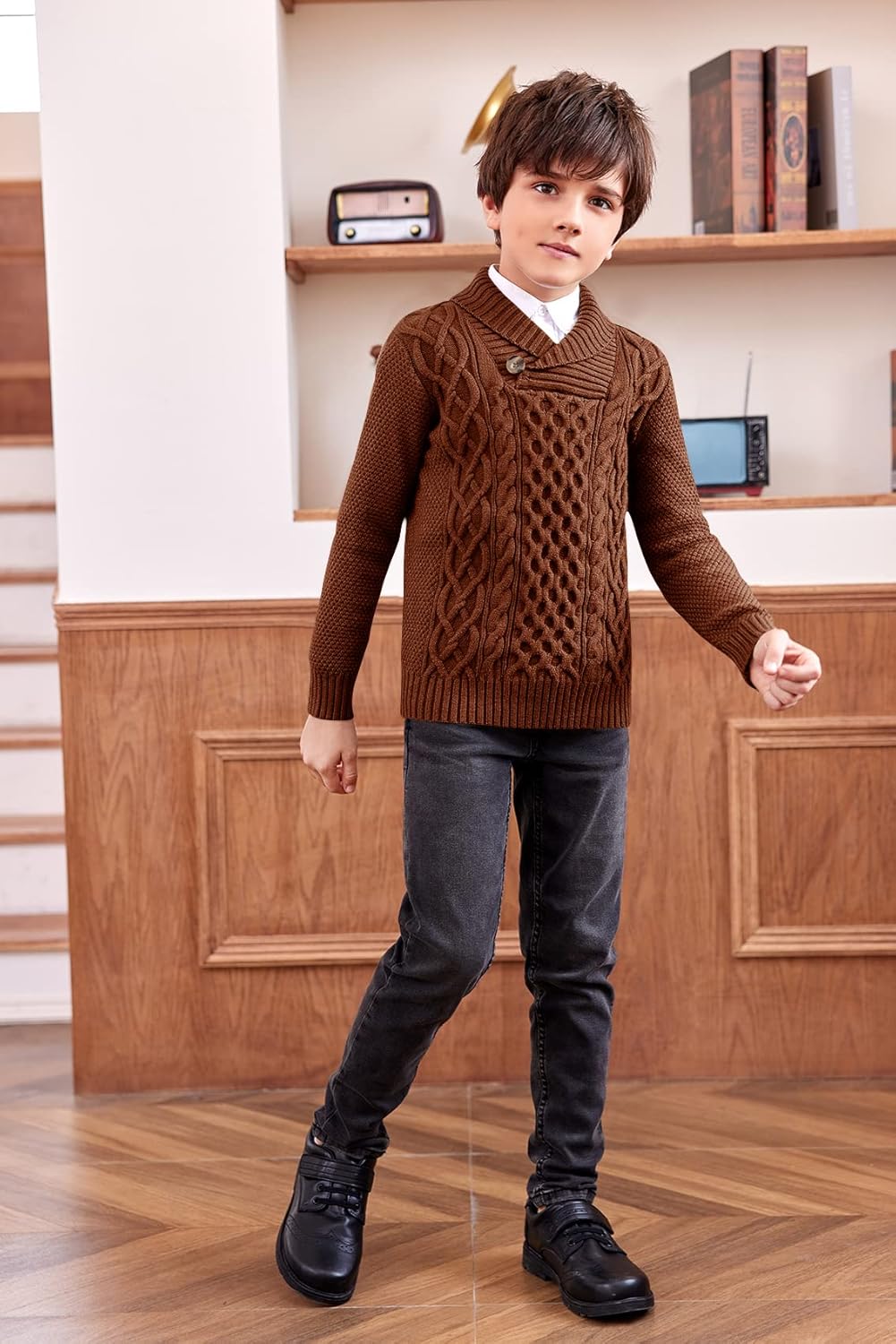 Makkrom Toddler Pullover Sweaters Shawl Collar Cable Knit Sweaters Long Sleeve Warm Outwear Spring Fall Winter - Image 2