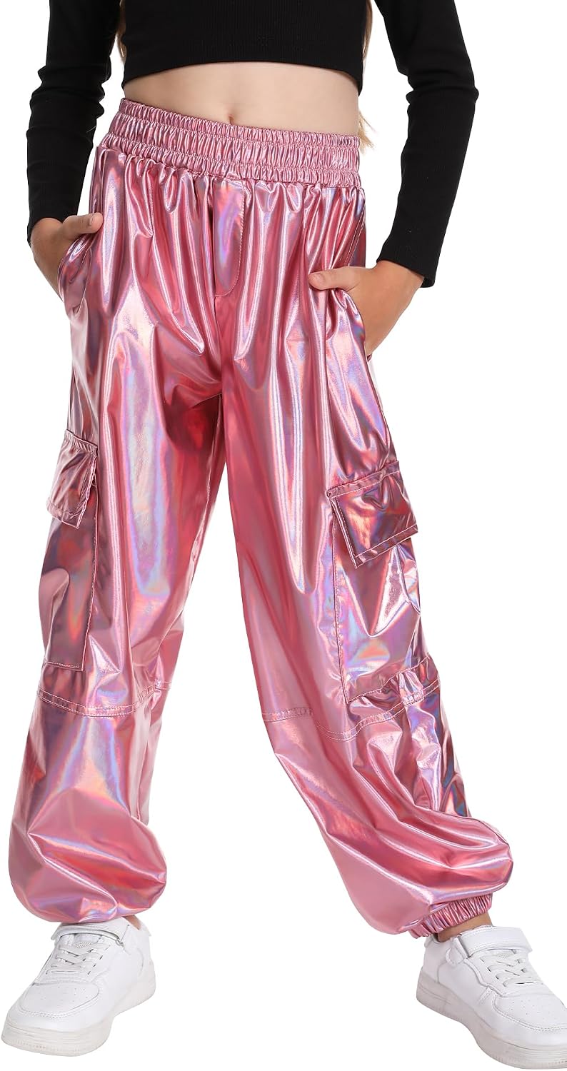 2025 Metallic Cargo Pants with Pocket for Girls Hip Hop Glitter Pants Y2k Dancing Shiny Pants Streetwear Back School