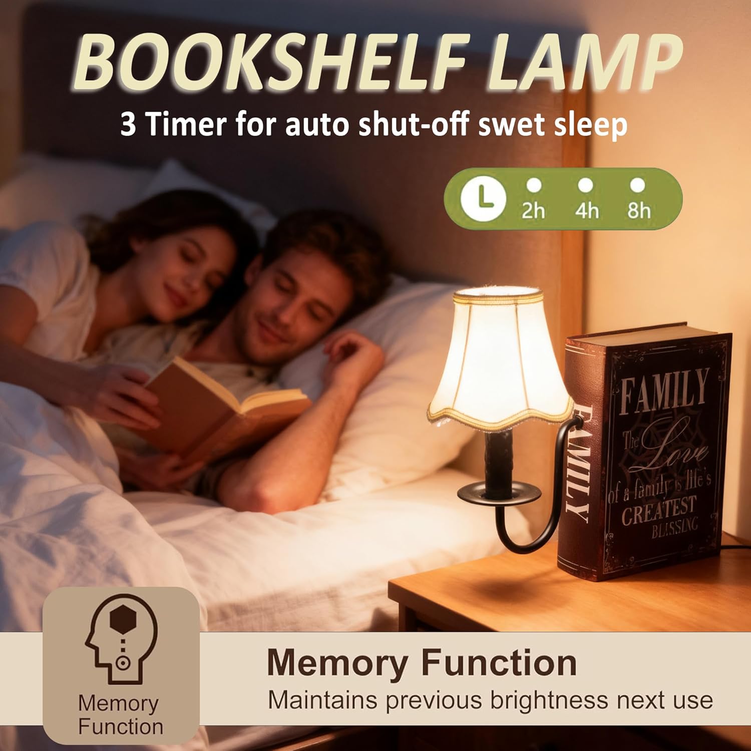 Bookshelf Lamp for Library Shelf - 3-Level Dimmable & Timer Function with Bulb & Shade, Plug-in Book shelf Lights with Storage Space,Fake Book Box for Home Library/Office/Bedroom Decor (Family)