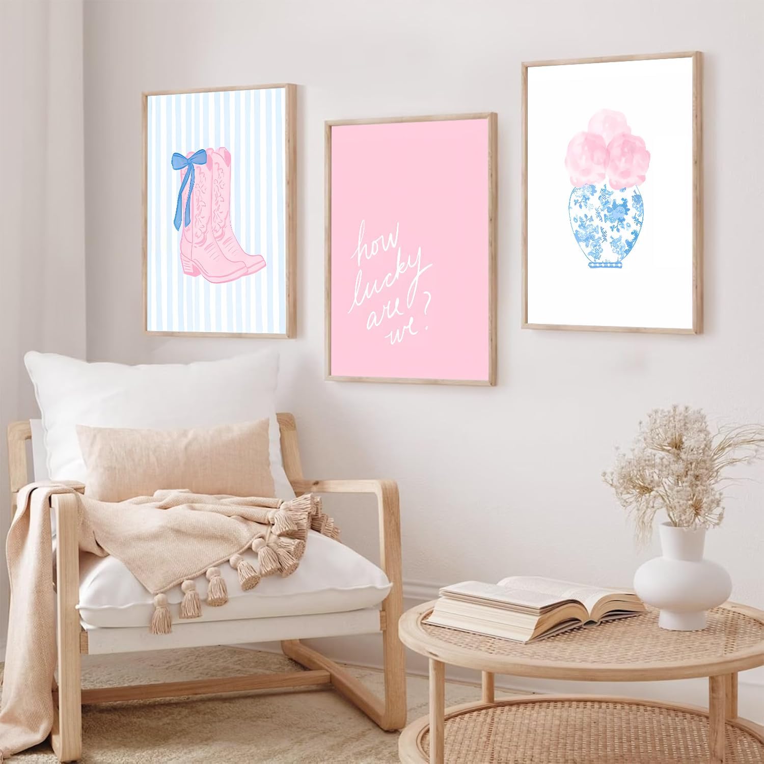 3 Pcs How Lucky Are We Wall Art Blue and Pink Floral Bow Boots Paintings Prints Posters Trendy Chinoiserie Coastal Preppy Canvas Wall Decor for Girls Room Living Room Bedroom Decor Unframed 16x24in