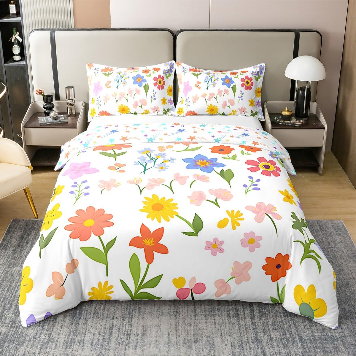 Set di biancheria da letto con copripiumino floreale in 100% cotone, per ragazzi e ragazze, con motivo floreale colorato, decorazione per camera da letto, 2 pezzi, giallo, rosa, bianco, con