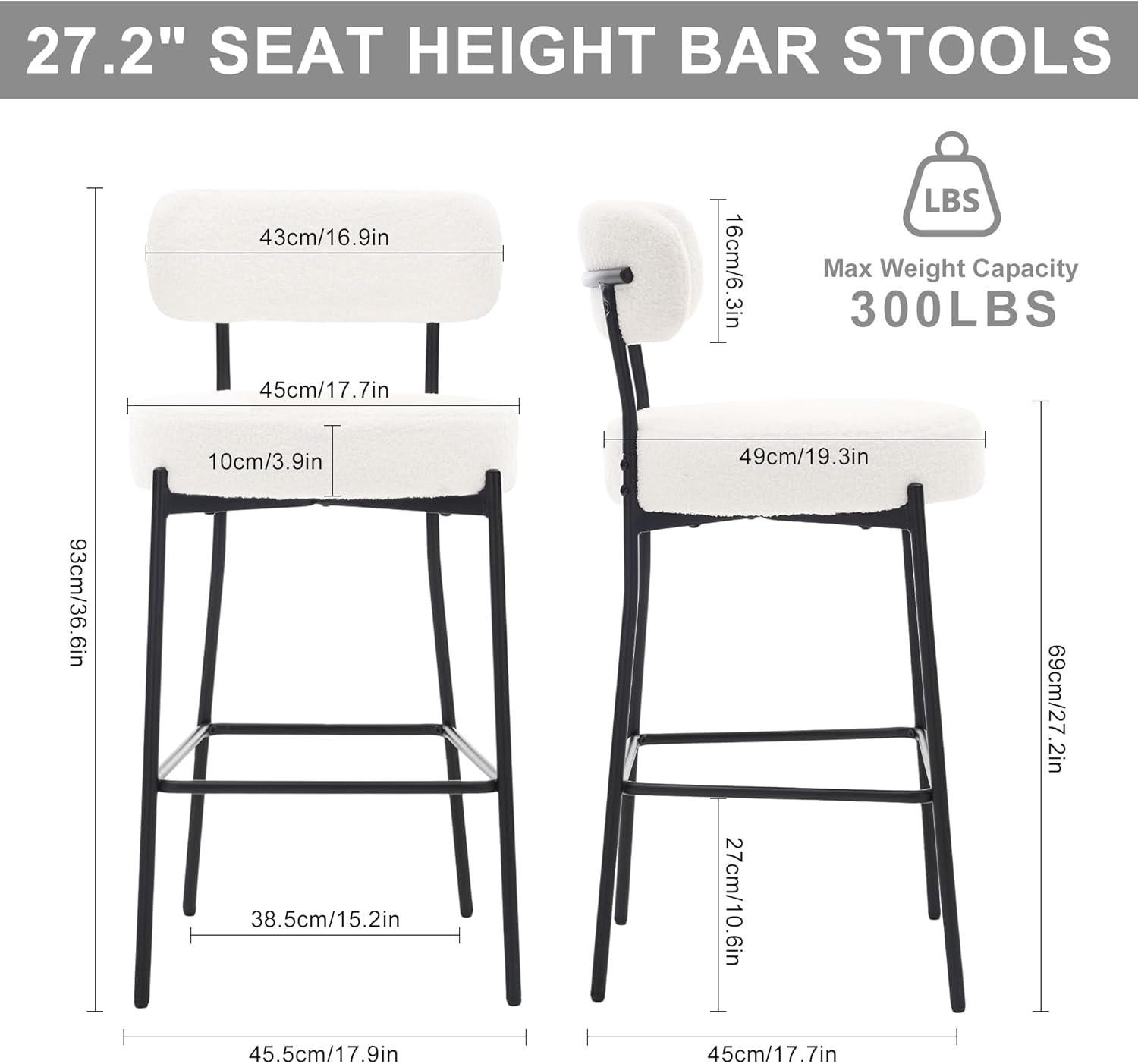 Bar Stools Set of 2, 27" White Boucle Counter Height Barstools with Back and Metal Legs, Upholstered Modern Barstools Chairs for Kitchen Island, Counter, Dining Room
