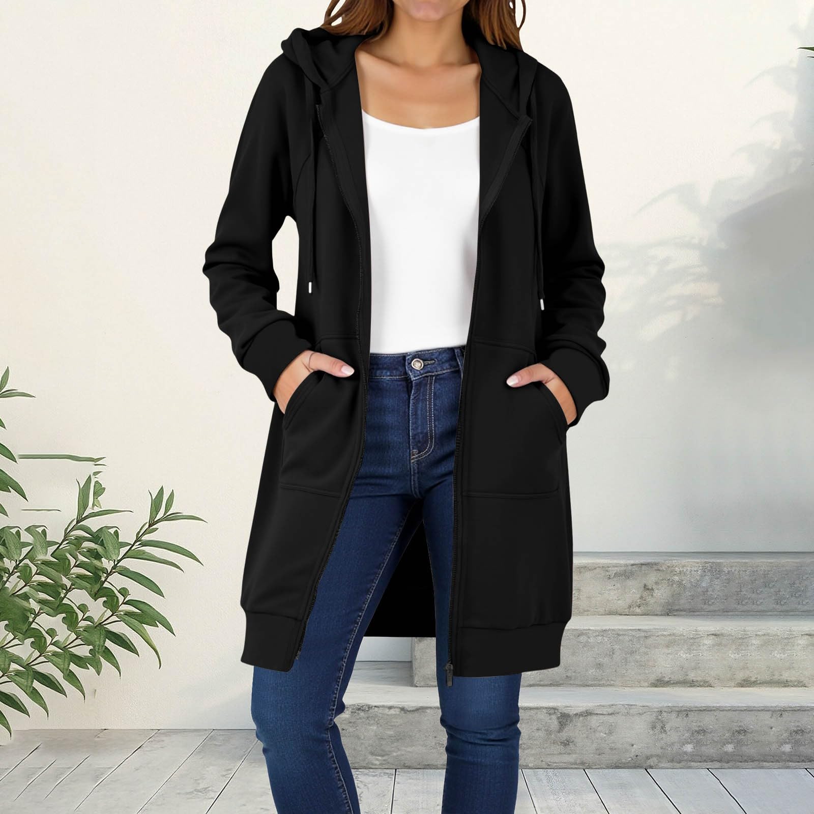 Générique Sweat Long à Capuche Zippé Femme Manteau Automne Hiver Chaud Sweatshirt Uni Rétro Veste Manches Longues Légère Décontractée Pull Comfortable avec Poches Hoodies