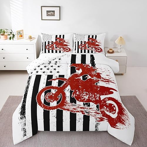 Miniatura 3 de Juego de funda de edredón con la bandera estadounidense para niños y adolescentes, con diseño de estrellas y rayas, vehículos deportivos extremos,