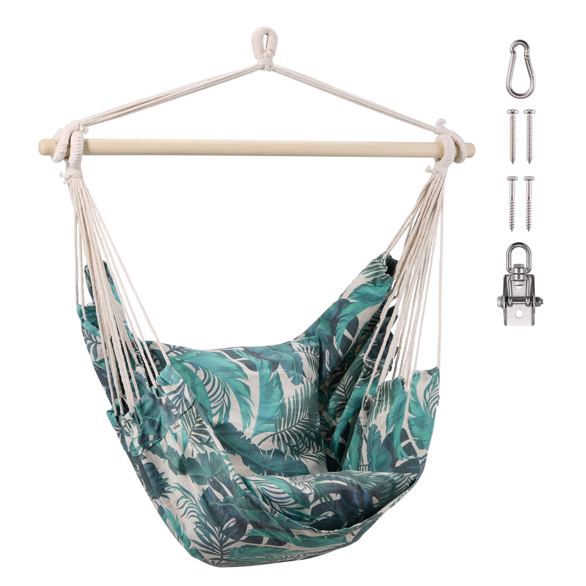 VonHaus Hanging Chair Outdoor with Attachments – Leaf Print Garden Swing Seat & Hammock Chair, 1 Seater Rope Tropical Style Jungle Print Portable Garden Seat for Garden, Patio & Terrace
