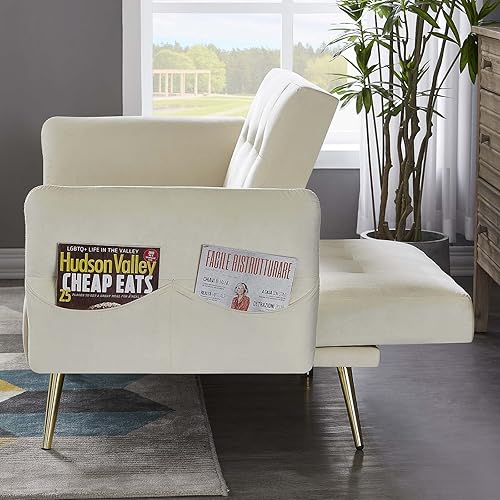 Miniatura 8 de Sofá cama futón convertible de terciopelo, moderno sofá biplaza reclinable con reposabrazos ajustables, 4 bolsillos laterales, sofá cama plegable