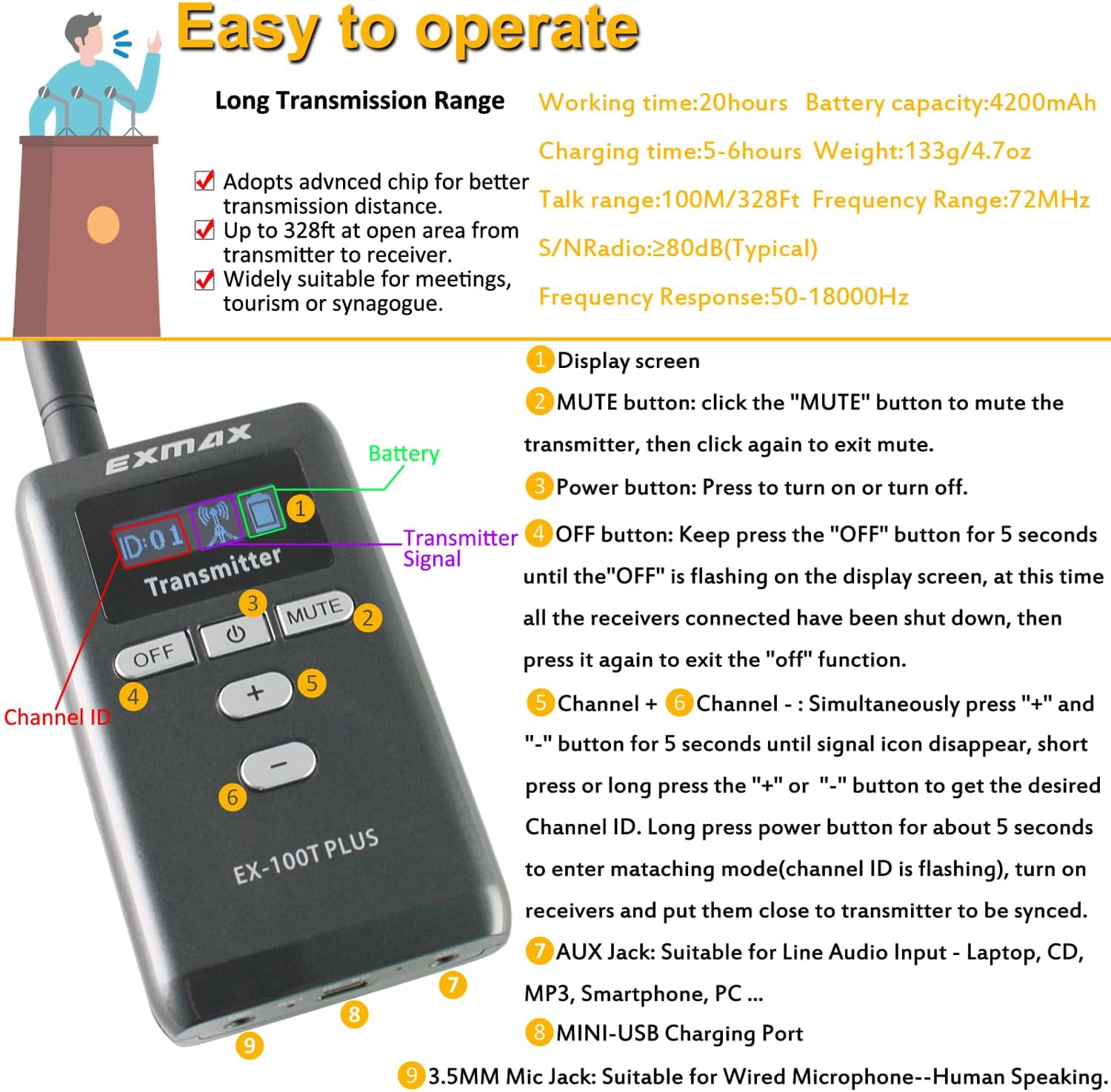 EXMAX EX-100 Plus 72MHz Wireless Tour Guide System Earhook Headset Mic for Exhibit Church Simultaneous Interpreting Teaching Conference Seminars Hajj(1 Transmitter 10 Receivers with 16socket Charger)