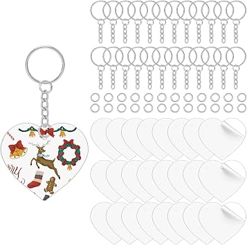 72Pcs Heart Acrylic Keychain Blanks, Clear Acrylic Ornaments Including 24pieces Transparent Acrylics Blanks, 24pcs Key Rings with Chain, 24pcs Jump Rings for Christmas Decor, Painting, DIY Crafting