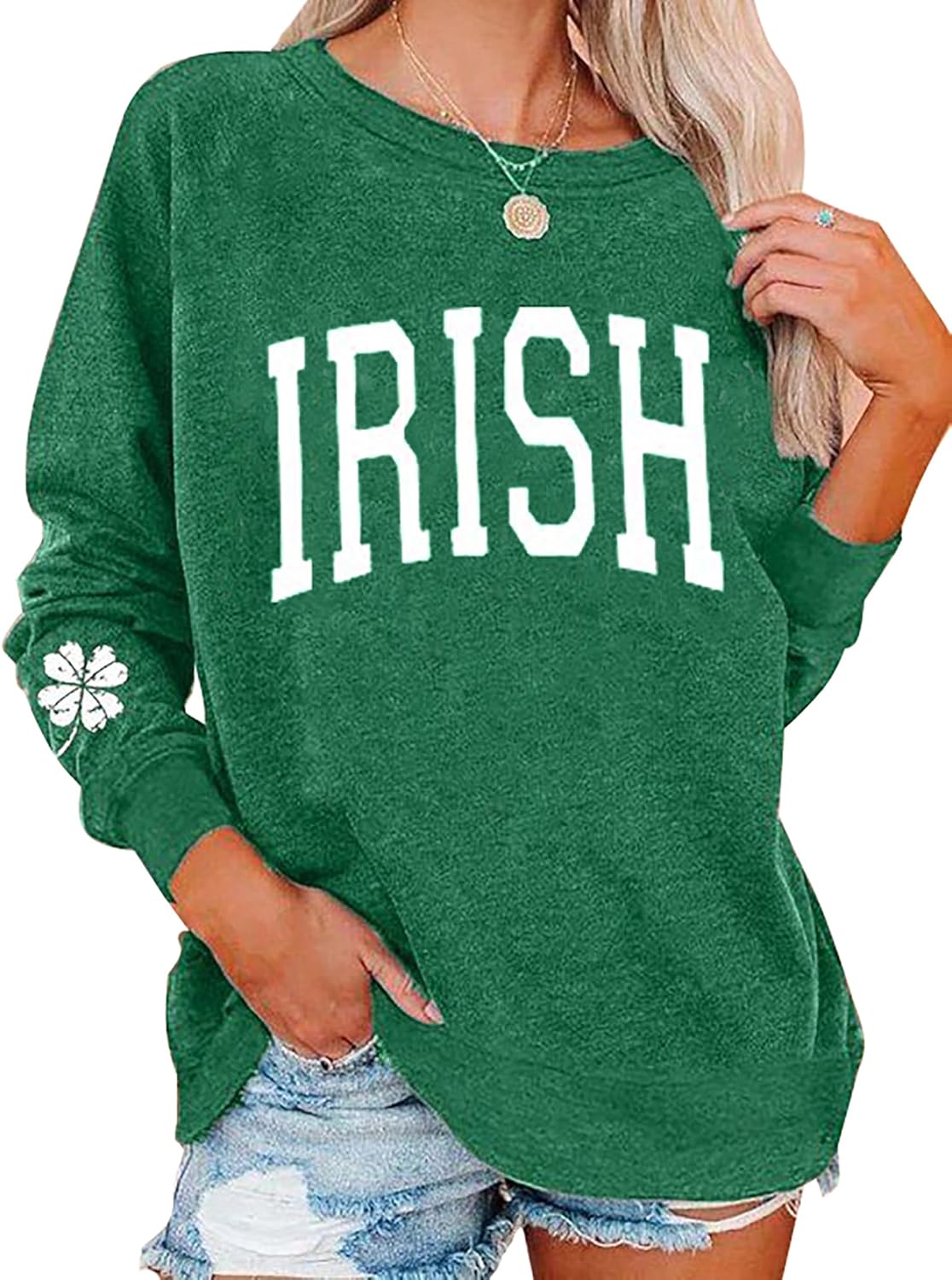 LYEIAO St. Patrick's Day Sweatshirts for Women Shamrock Shirt Clover Printed Irish Gift Casual Loose Long Sleeve Fit Tops