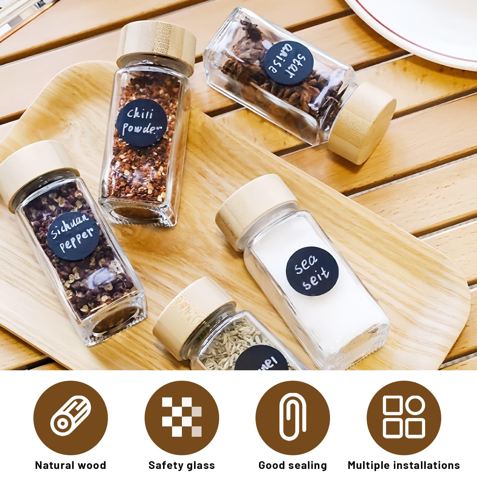 Eidoct Lot de 24 pots à épices en verre avec couvercle en bois - 120 ml - Avec couvercles et étiquettes - Convient pour les restaurants et la maison - Chaque lot comprend un pinceau, un marqueur pour