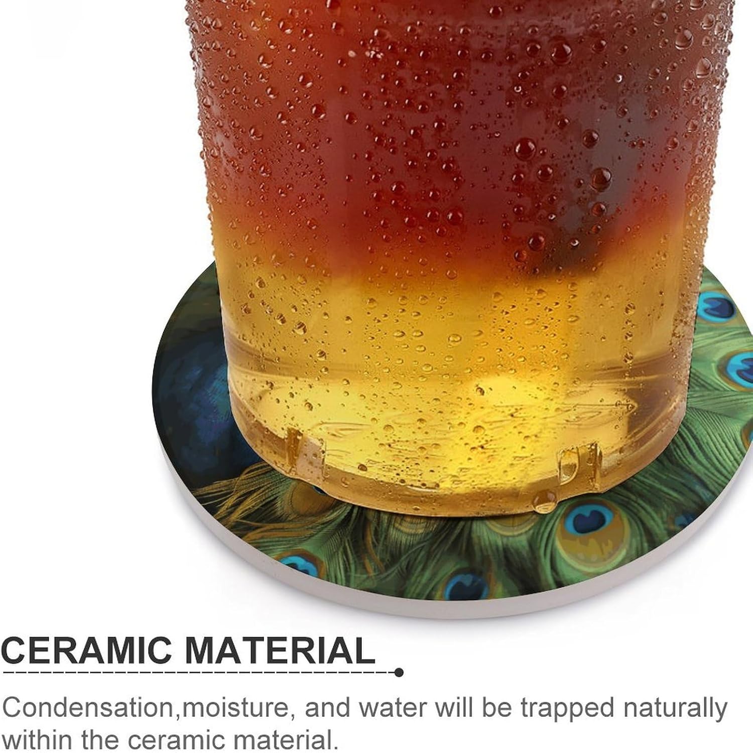 Peacocks Feather Coasters Round Coasters Set Ceramic Stone Coaster with Cork Base Coffee Cup Beverage Cup Mat Cute Funny Table Drinks Coaster for Mugs and Cups Office Kitchen