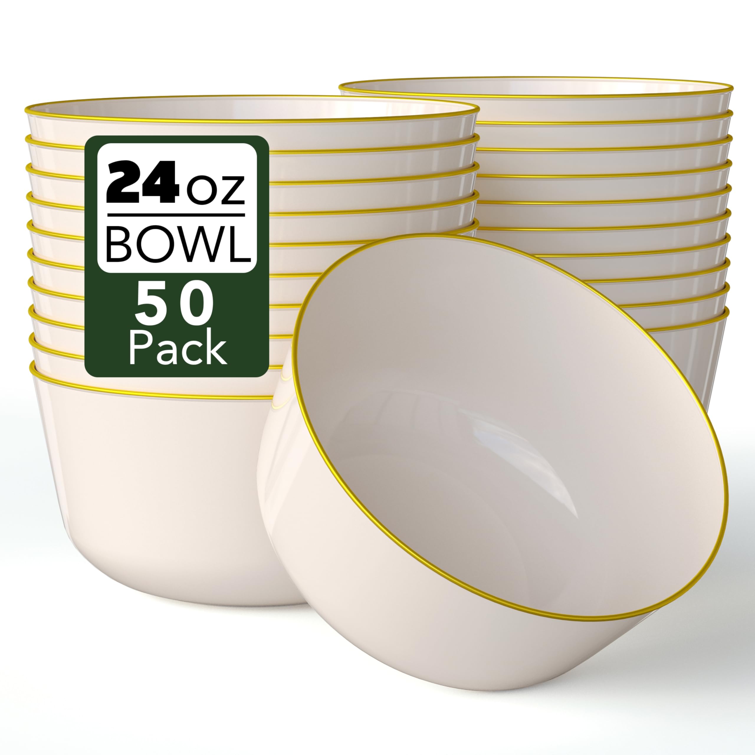 Photo 1 of Trendables Plastic Bowls Disposable Bowls 24 Oz Bowl Set Of 50 Ivory Gold Rimmed Fancy Plastic Serving Bowls Perfect Plastic Ice Cream Bowls Plastic Salad Bowls Plastic Candy Bowl