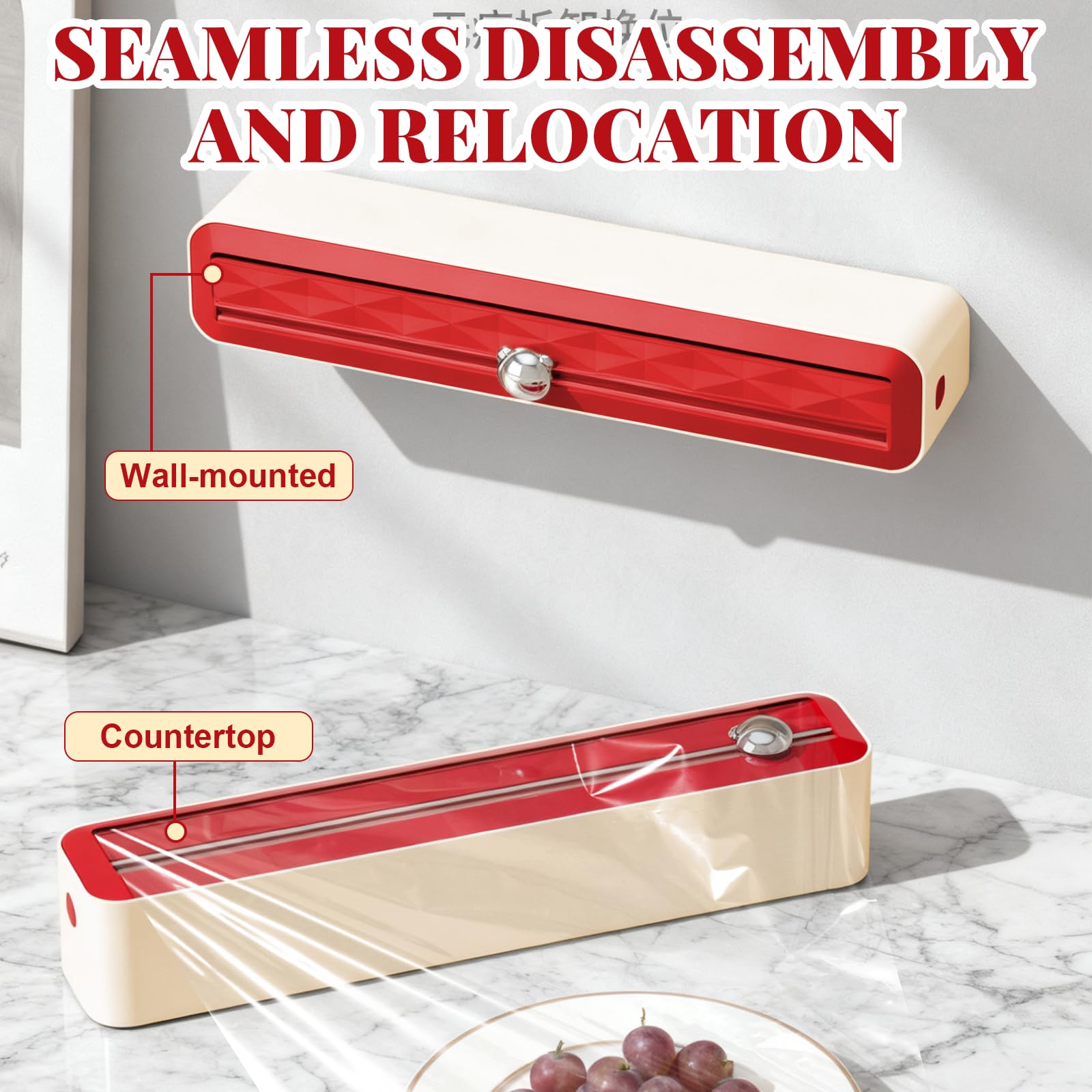 Distributeur Film Alimentaire, Dévidoir Film Alimentaire avec Coupeur, Coupe Film Alimentaire, Distributeur Papier Aluminium et Film pour Cuisine a Domicile Restaurant, Rouge